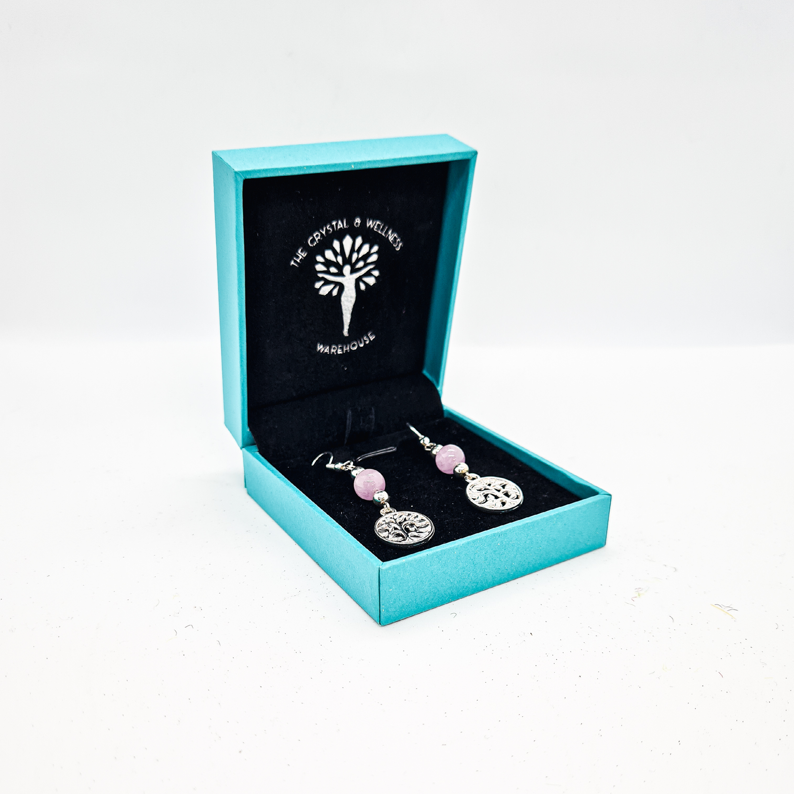 Kunzite 8mm crystal bead drop earring with silver tree of life charm