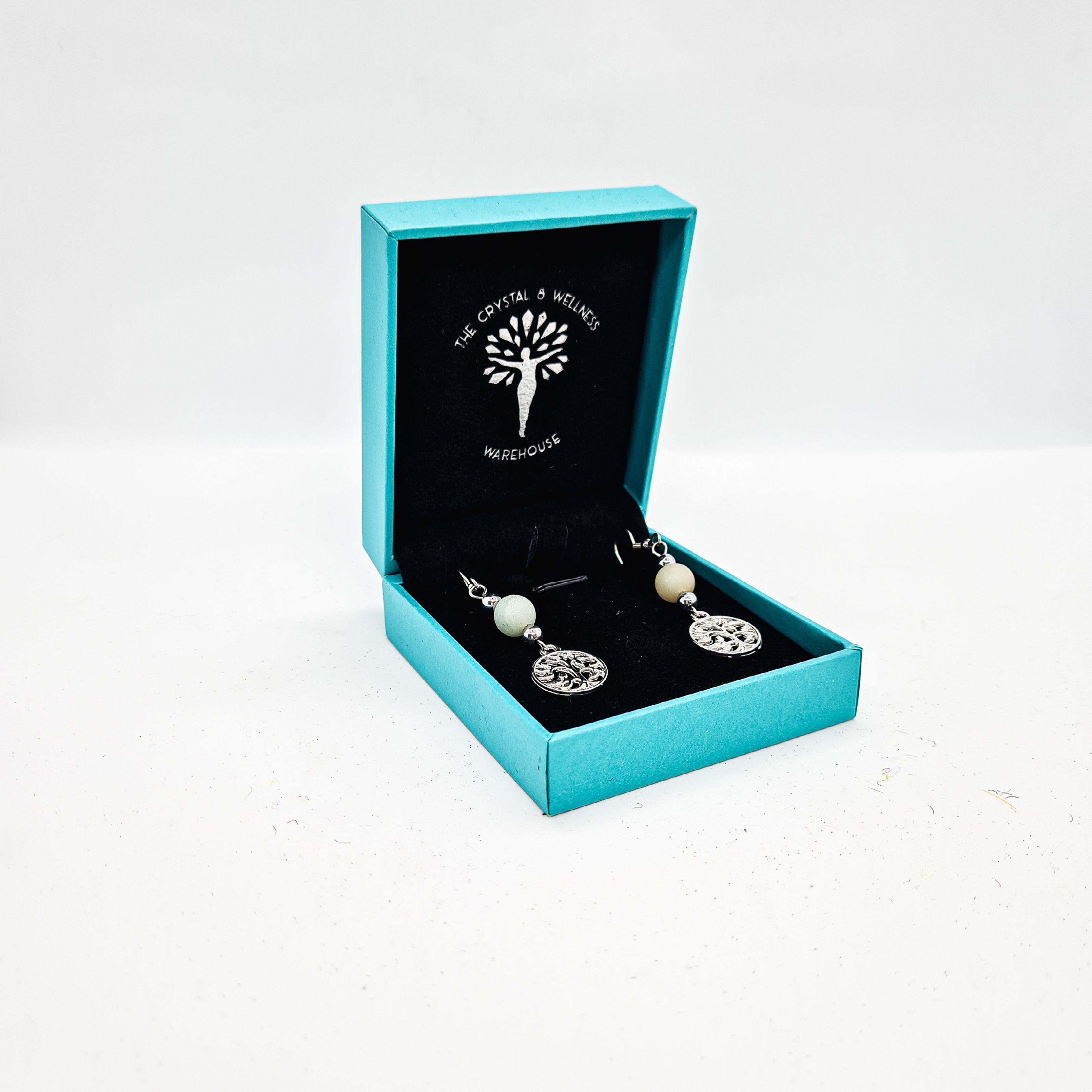 Amazonite 8mm crystal bead drop earrings with silver tree of life charm