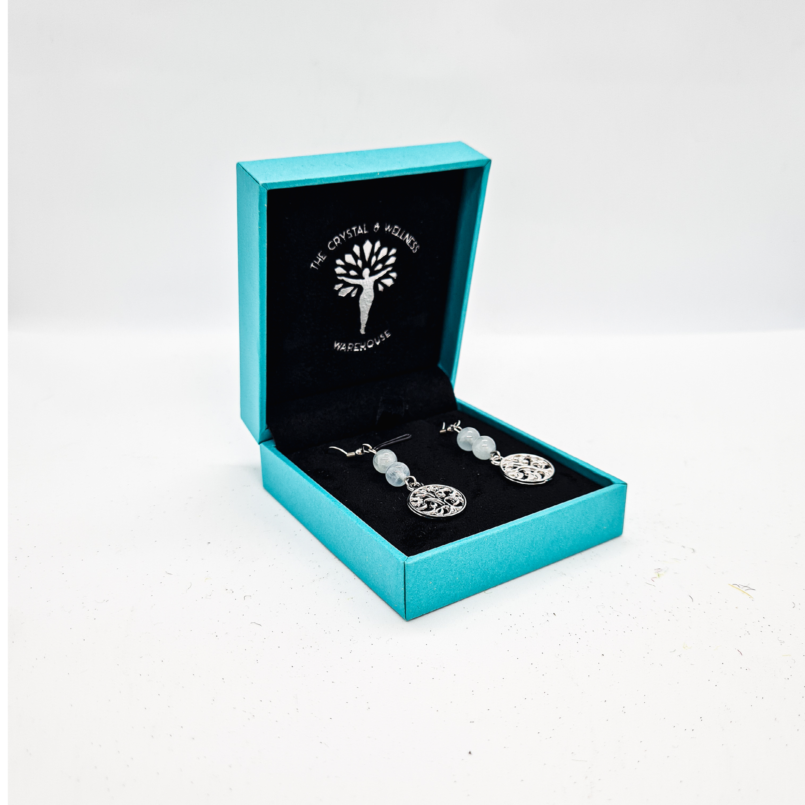 Aquamarine 6mm crystal bead drop earring with silver tree of life charm