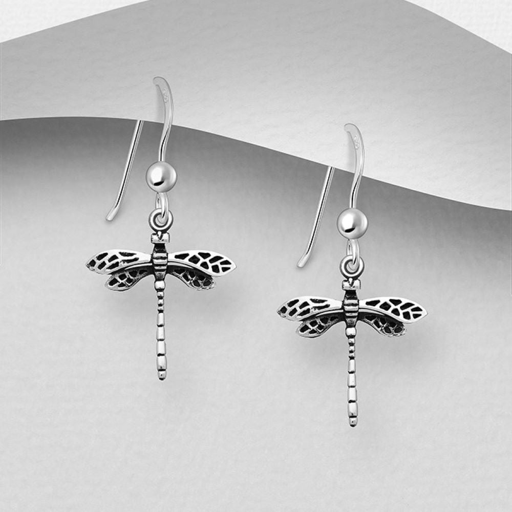 Dragonfly oxidised sterling silver hook earrings 30mm