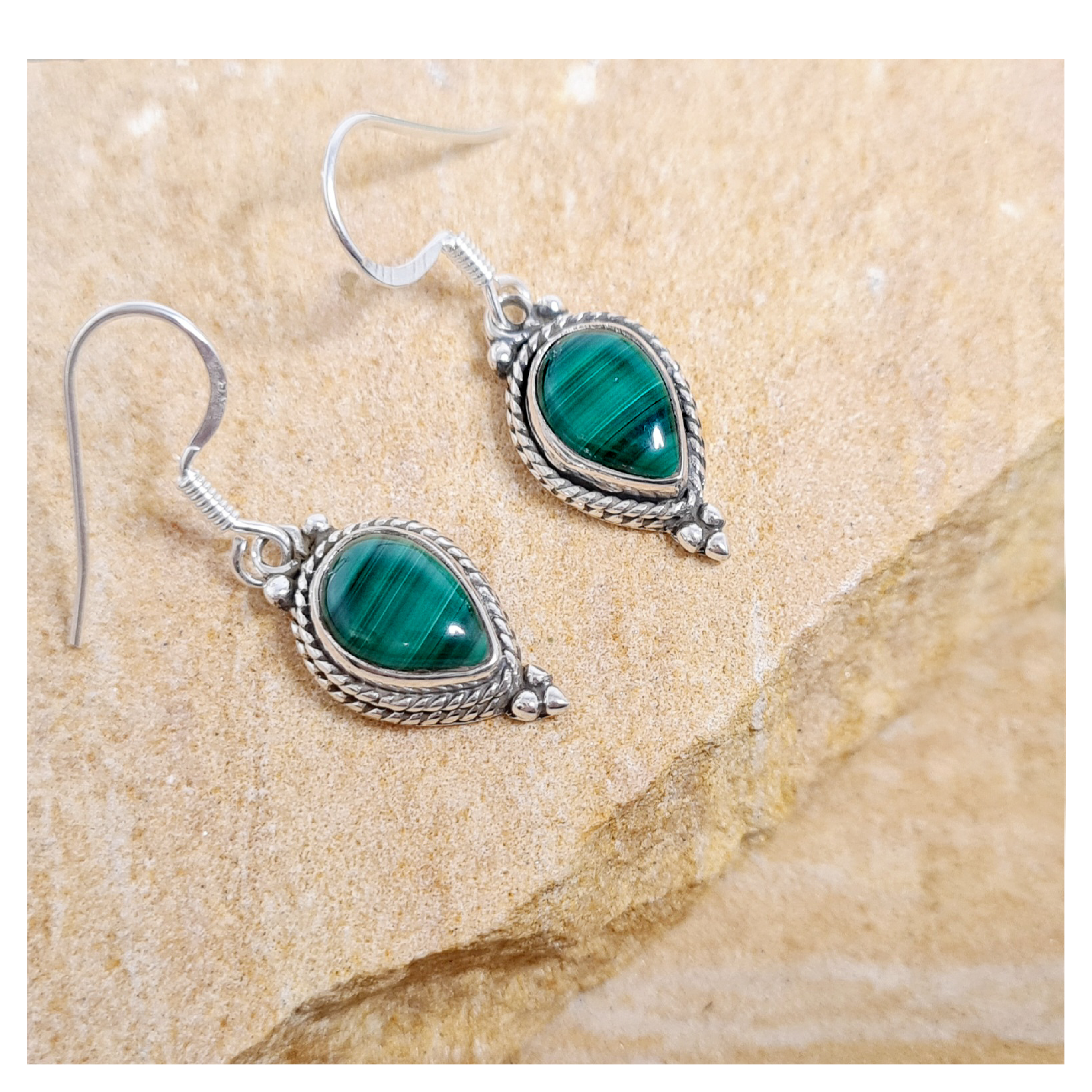 Malachite drop earrings with sterling silver detailing