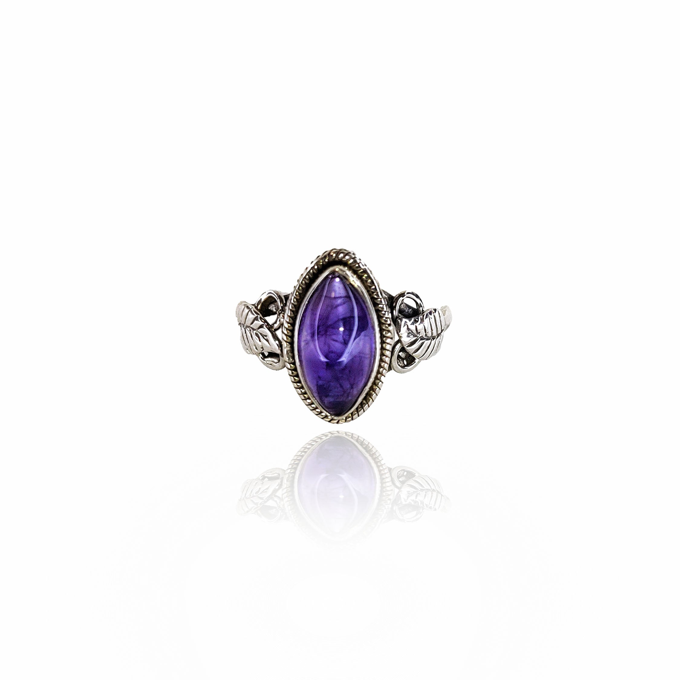 Ashanti Amethyst Leaf Boho sterling silver Ring