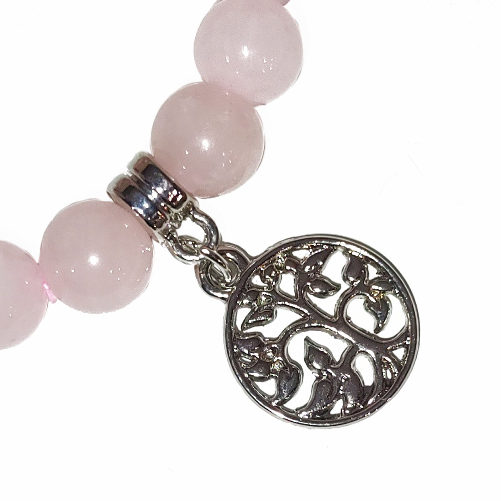 Rose Quartz 8mm crystal bead bracelet with silver tree of life charm