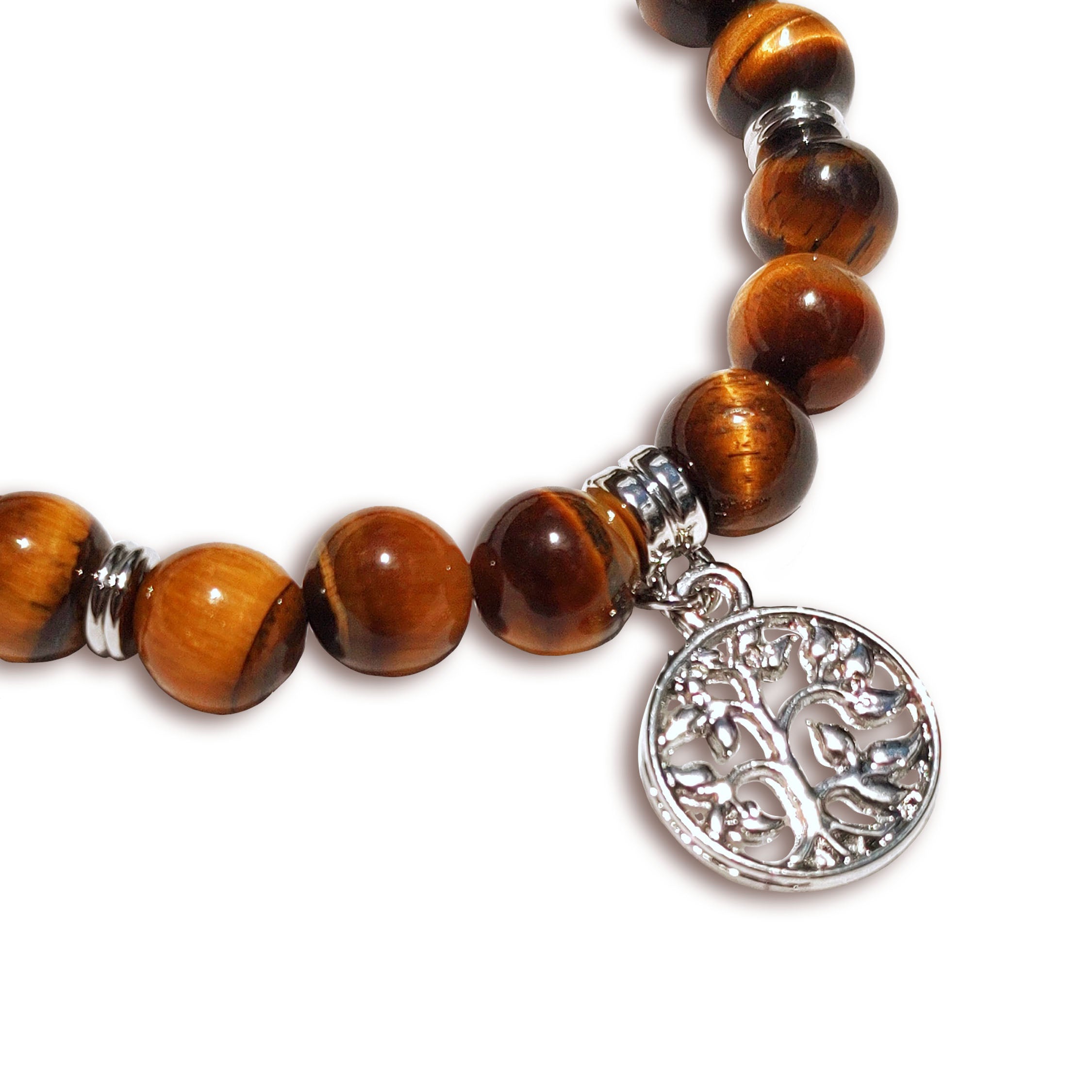Gold Tiger's Eye 8mm Crystal Bead Bracelet with Silver Tree of Life Charm