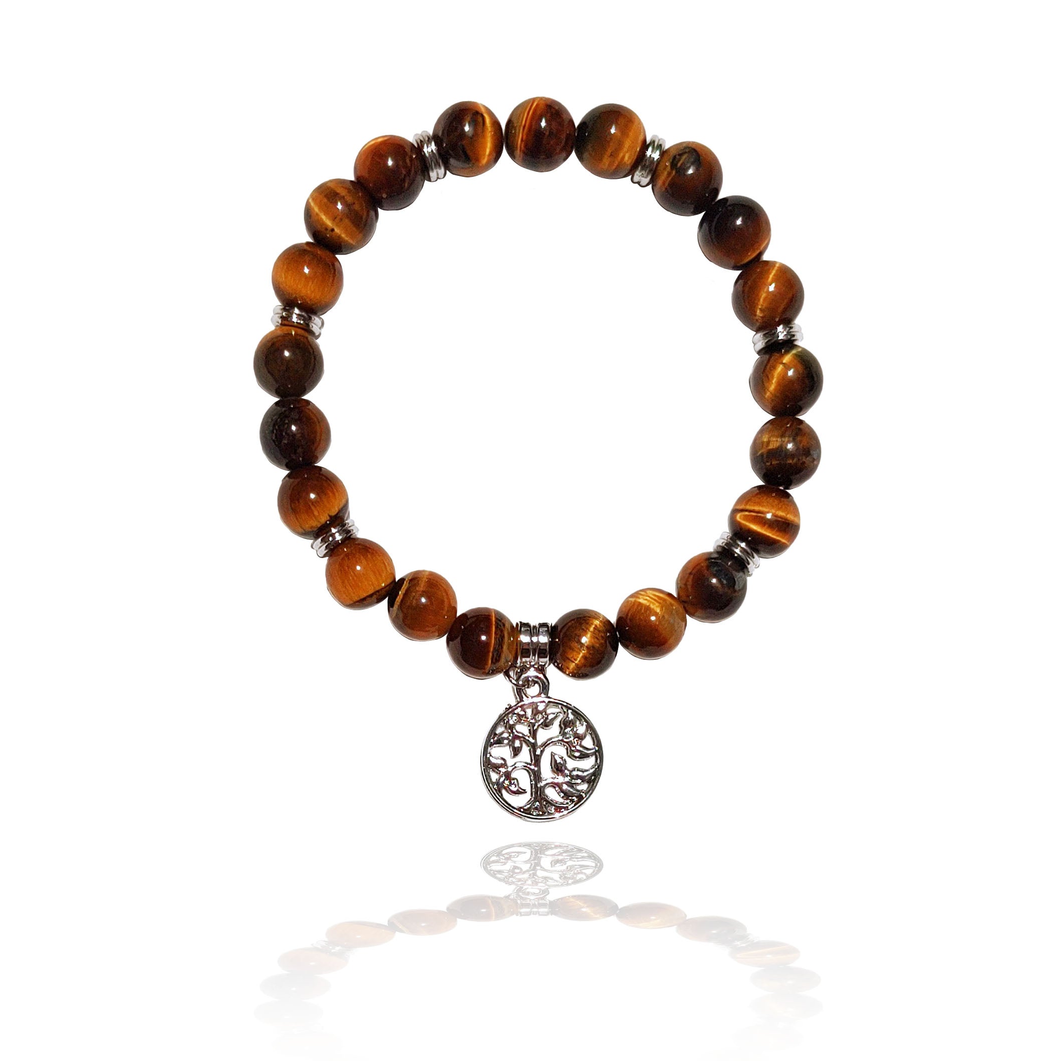 Gold Tiger's Eye 8mm Crystal Bead Bracelet with Silver Tree of Life Charm