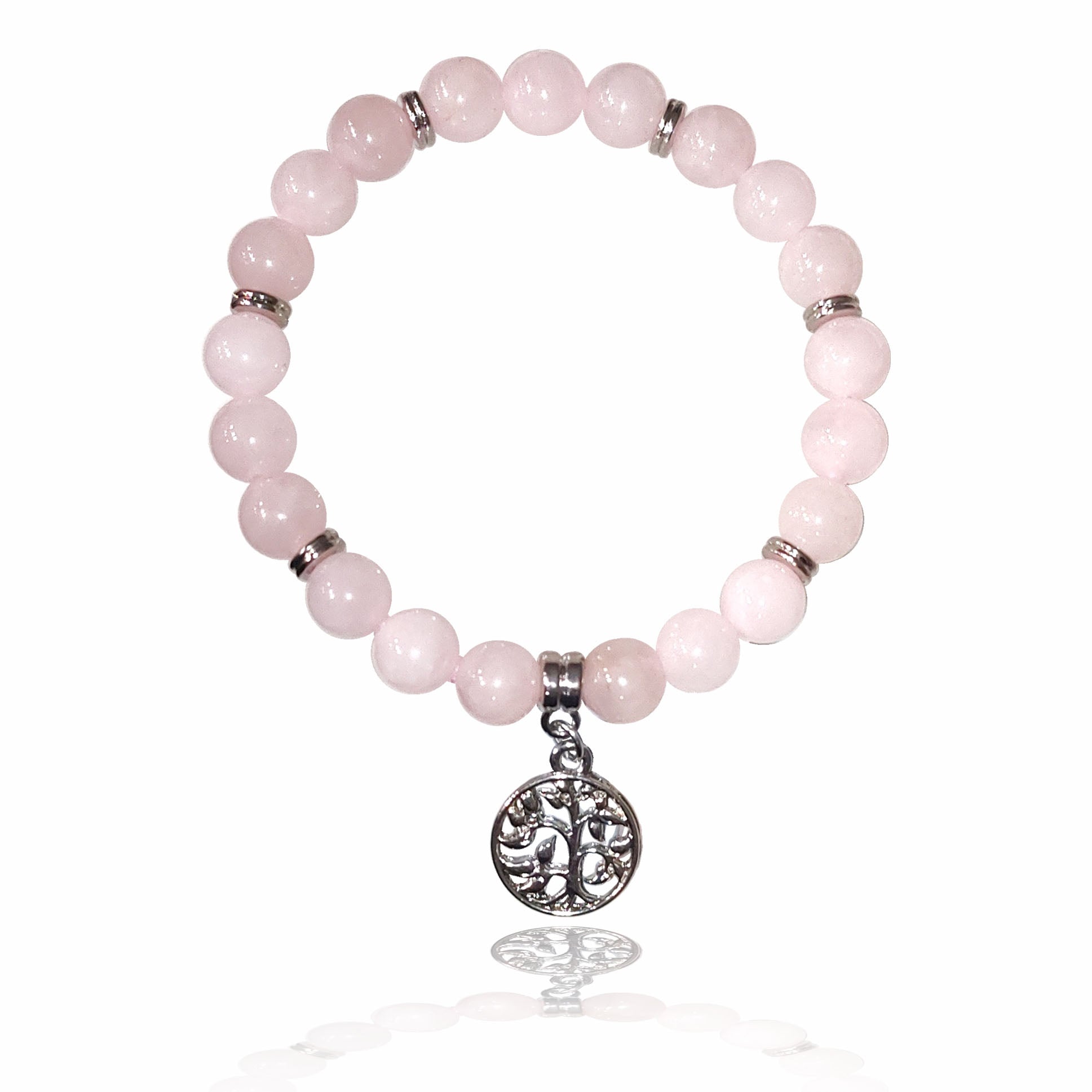 Rose Quartz 8mm crystal bead bracelet with silver tree of life charm
