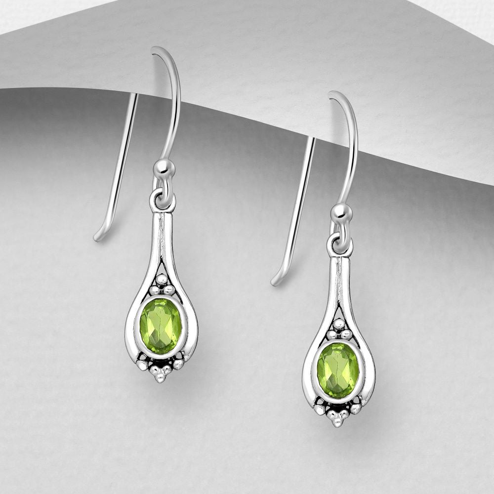 Periodot sterling silver pretty faceted earrings in boho style hook design