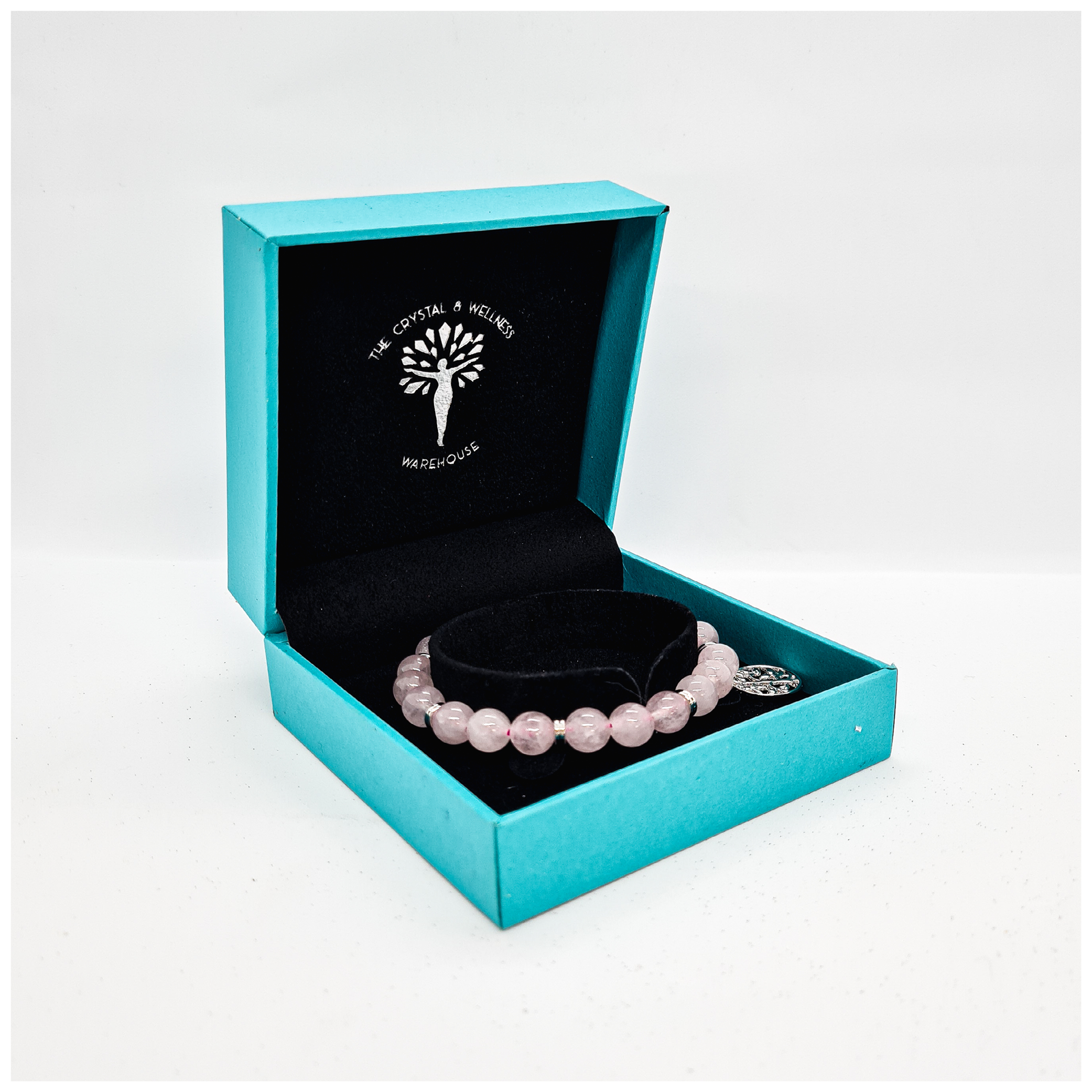 Rose Quartz 8mm crystal bead bracelet with silver tree of life charm