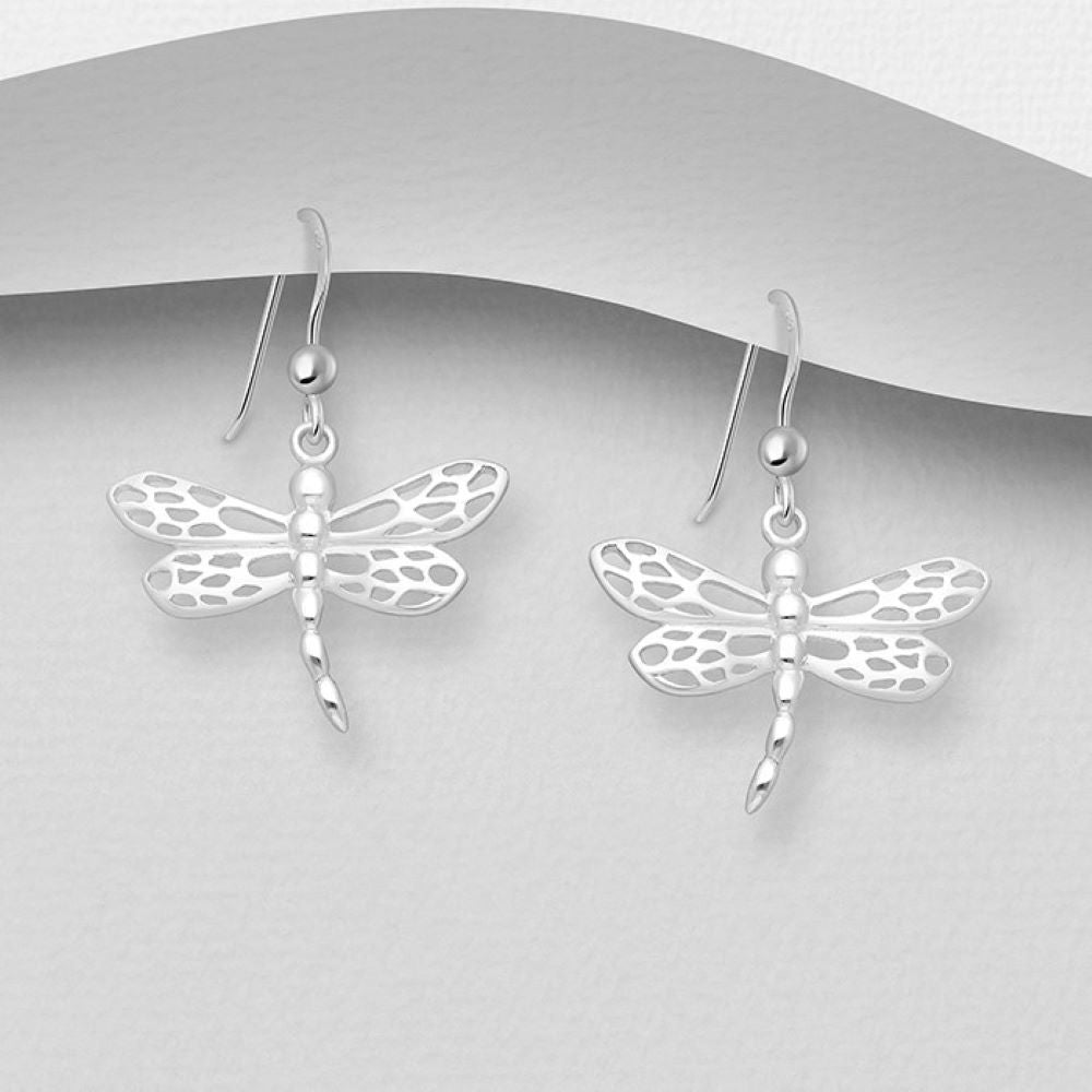 Shiney sterling silver dragonfly earrings with hook design and lovely