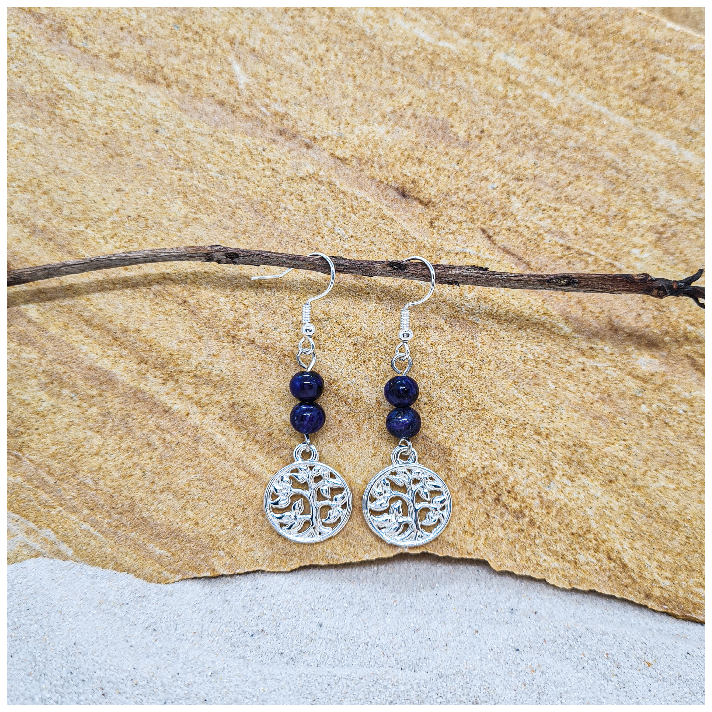 Sodalite 6mm crystal bead drop earrings with silver tree of life charm