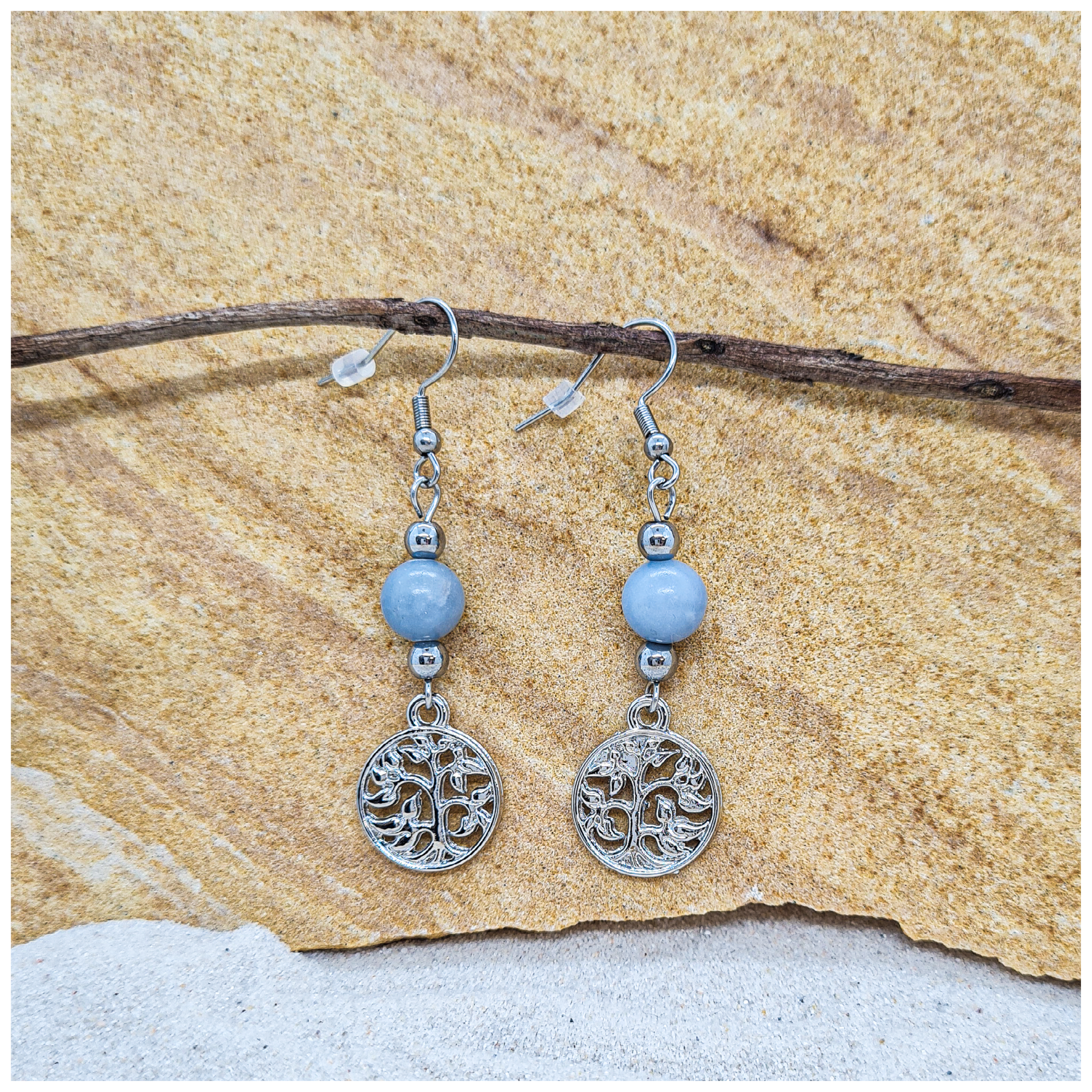 Angelite 8mm crystal bead drop earring with silver tree of life charm