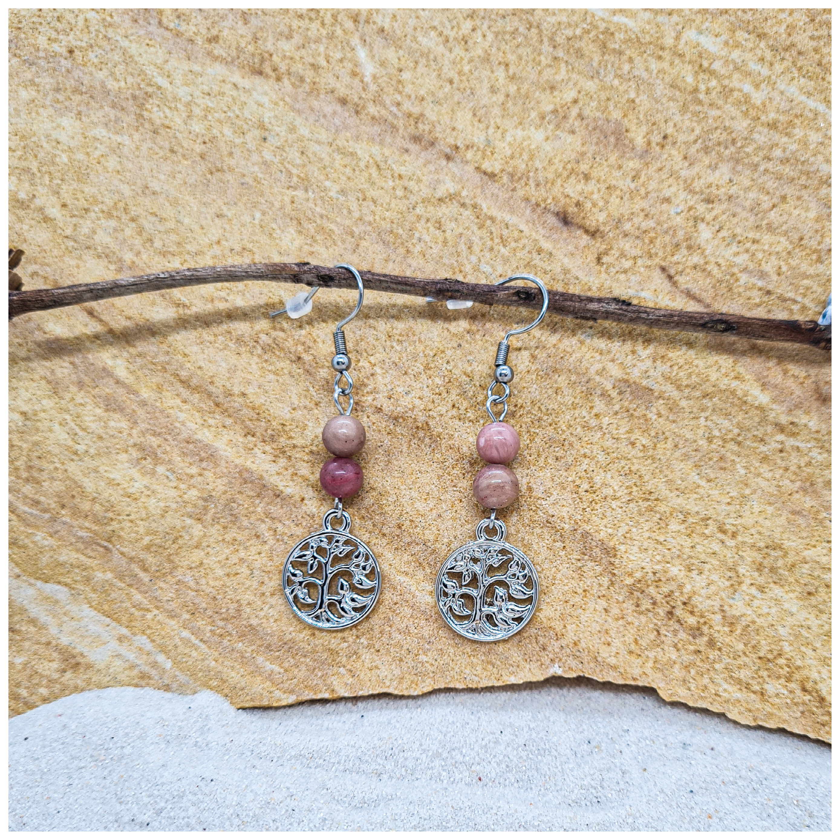 Pink Rhodonite 6mm crystal bead drop earrings with silver tree of life charm