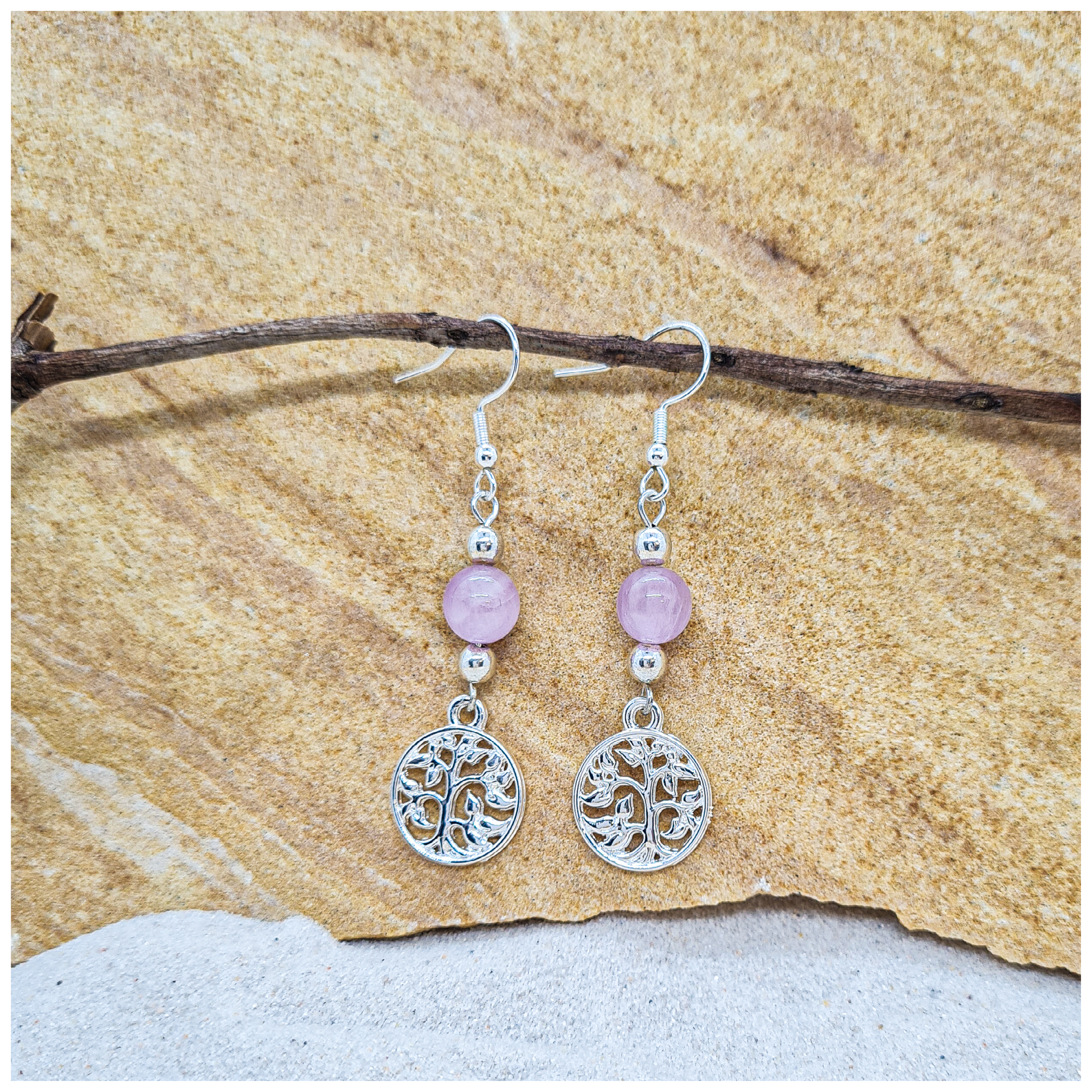 Kunzite 8mm crystal bead drop earring with silver tree of life charm