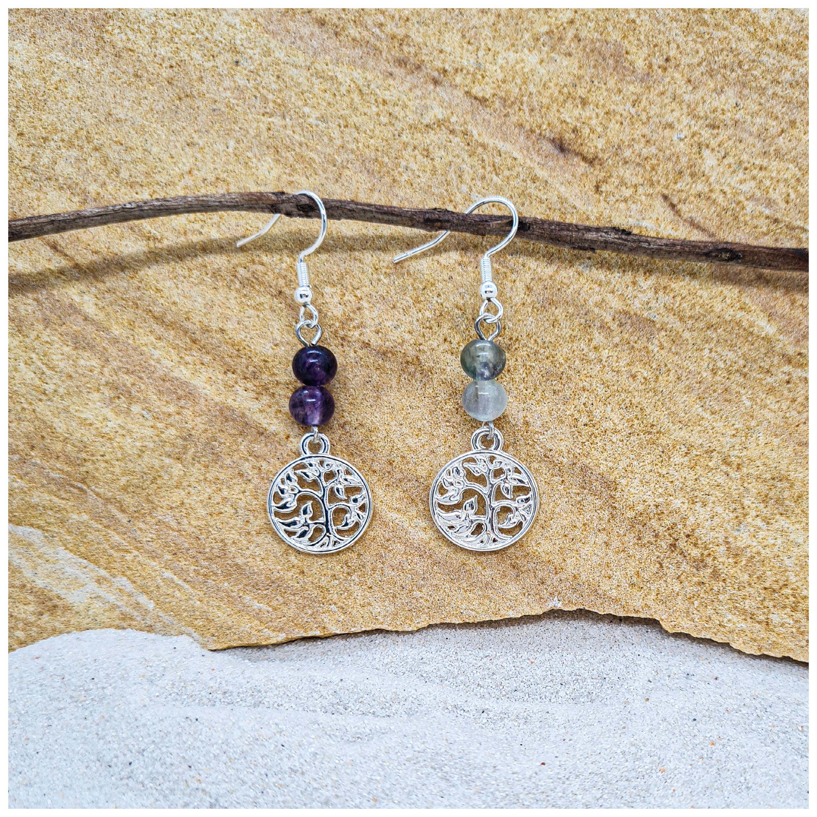 Rainbow Fluorite 6mm crystal bead drop earring with silver tree of life charm