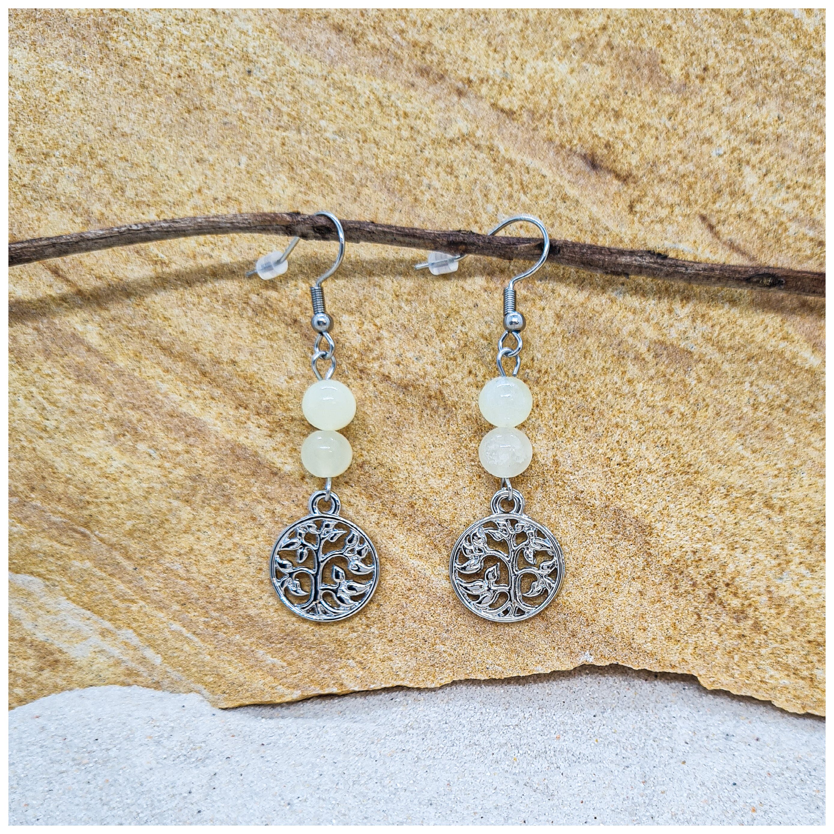 New Jade 6mm crystal bead drop earring with silver tree of life charm