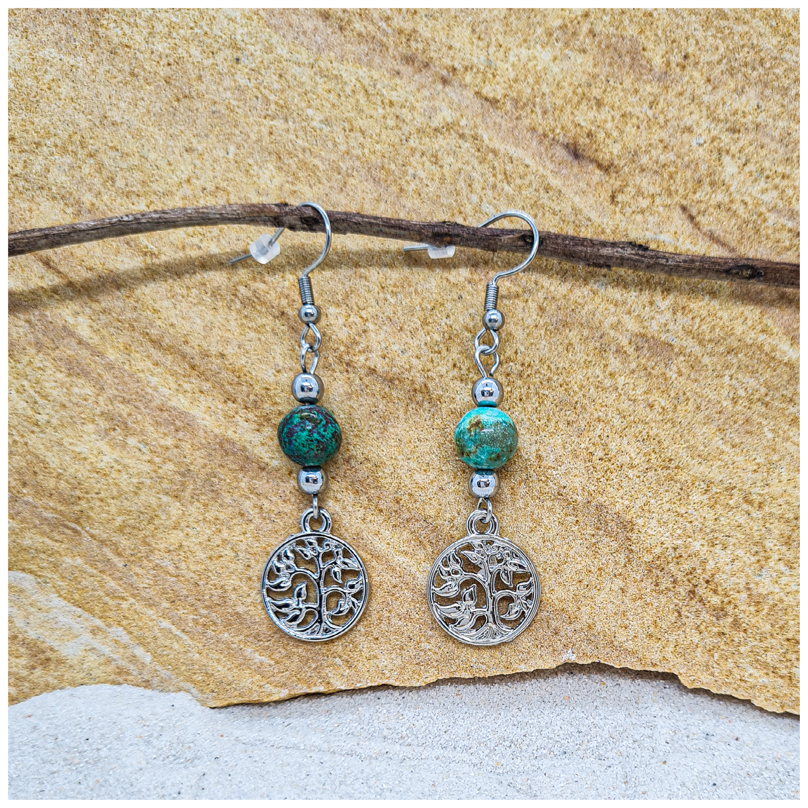 Chrysocolla 8mm crystal bead drop earring with silver tree of life charm