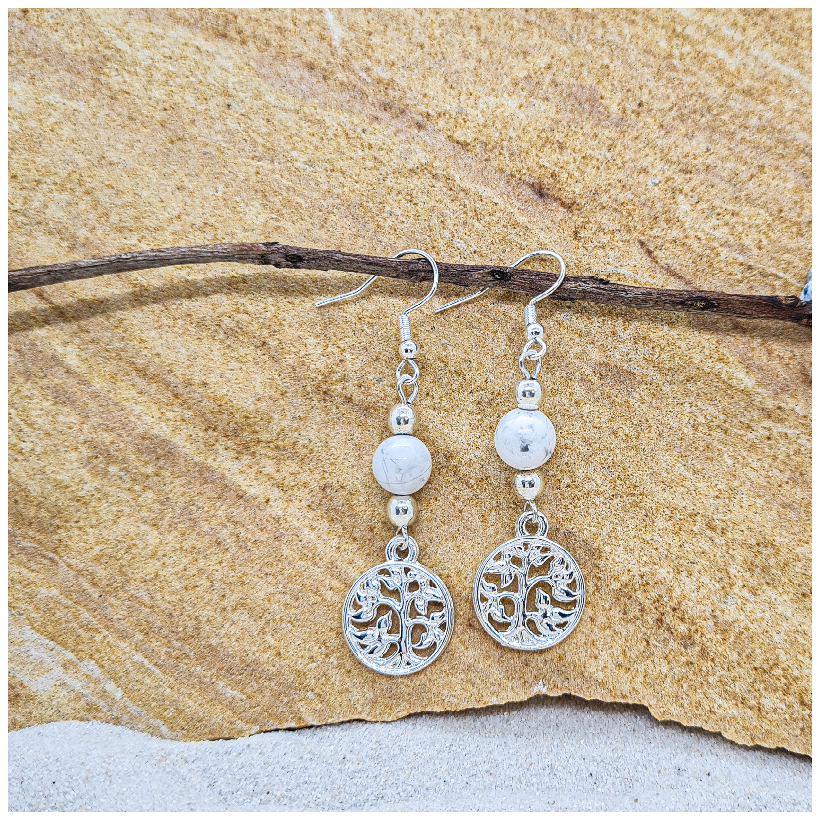 White Howlite 8mm crystal bead drop earring with silver tree of life charm