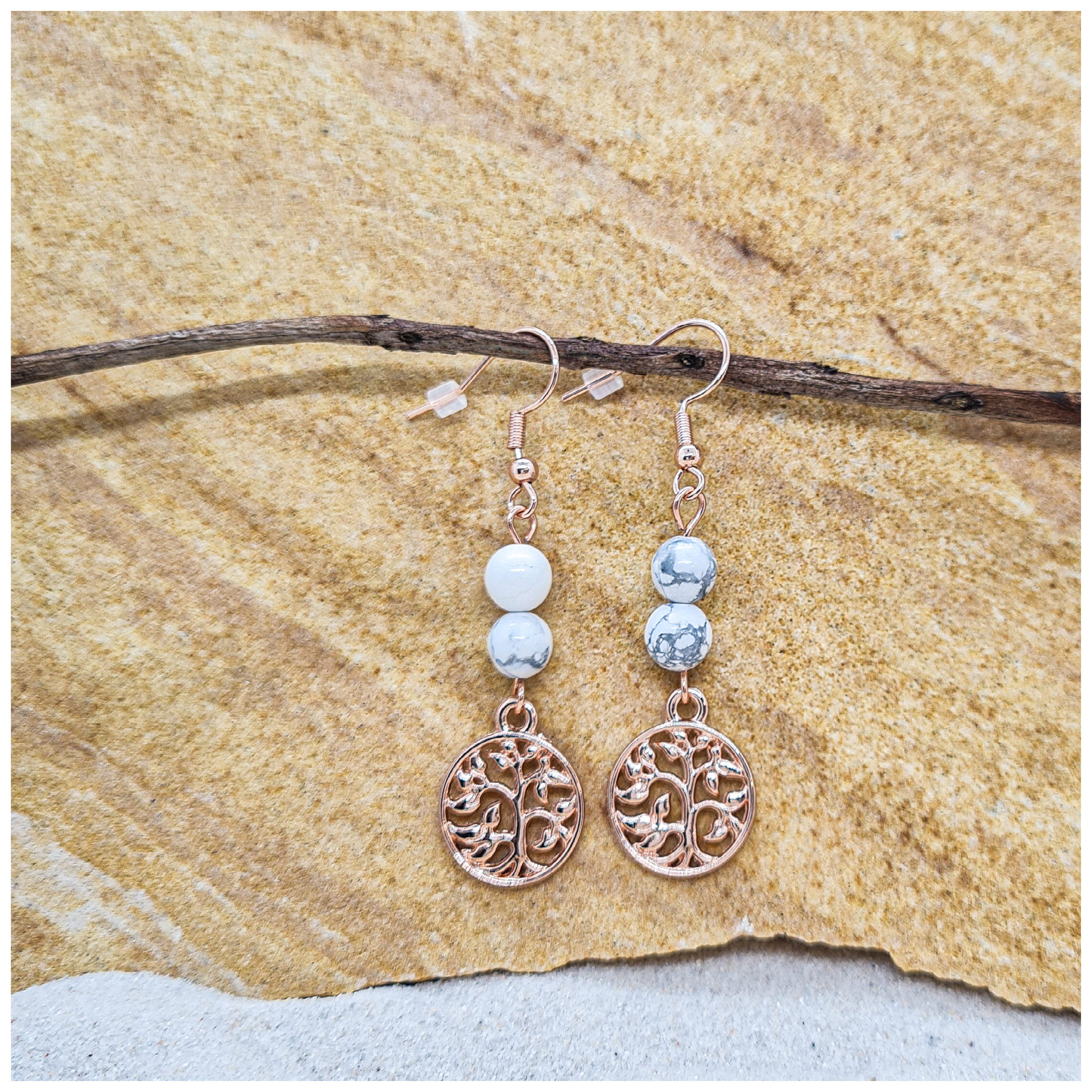 White Howlite 6mm crystal bead drop earrings with rose gold tree of life charm
