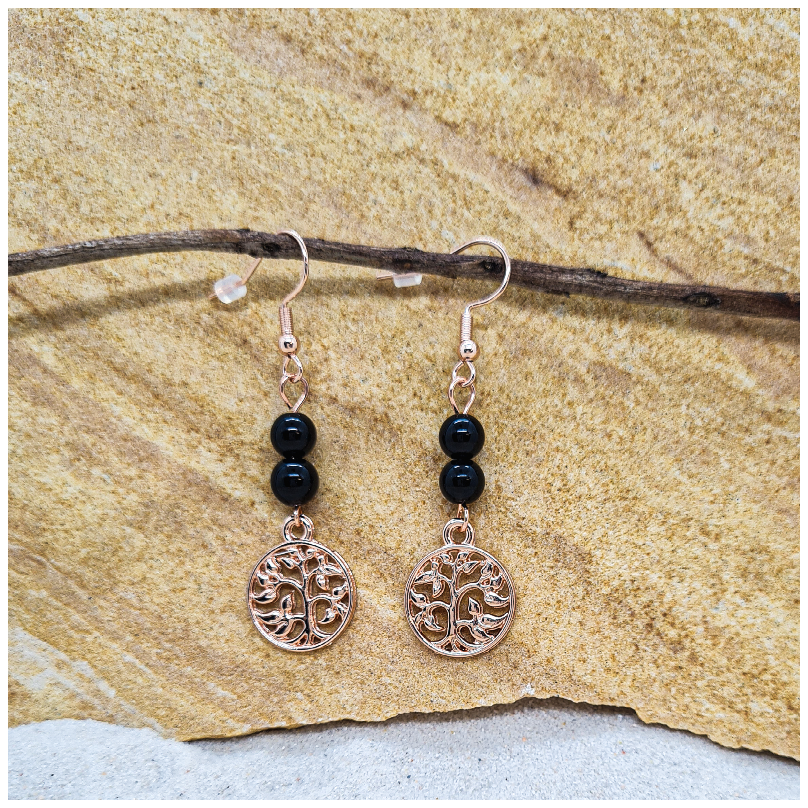 Black Obsidian 6mm crystal bead drop earrings with rose gold tree of life charm