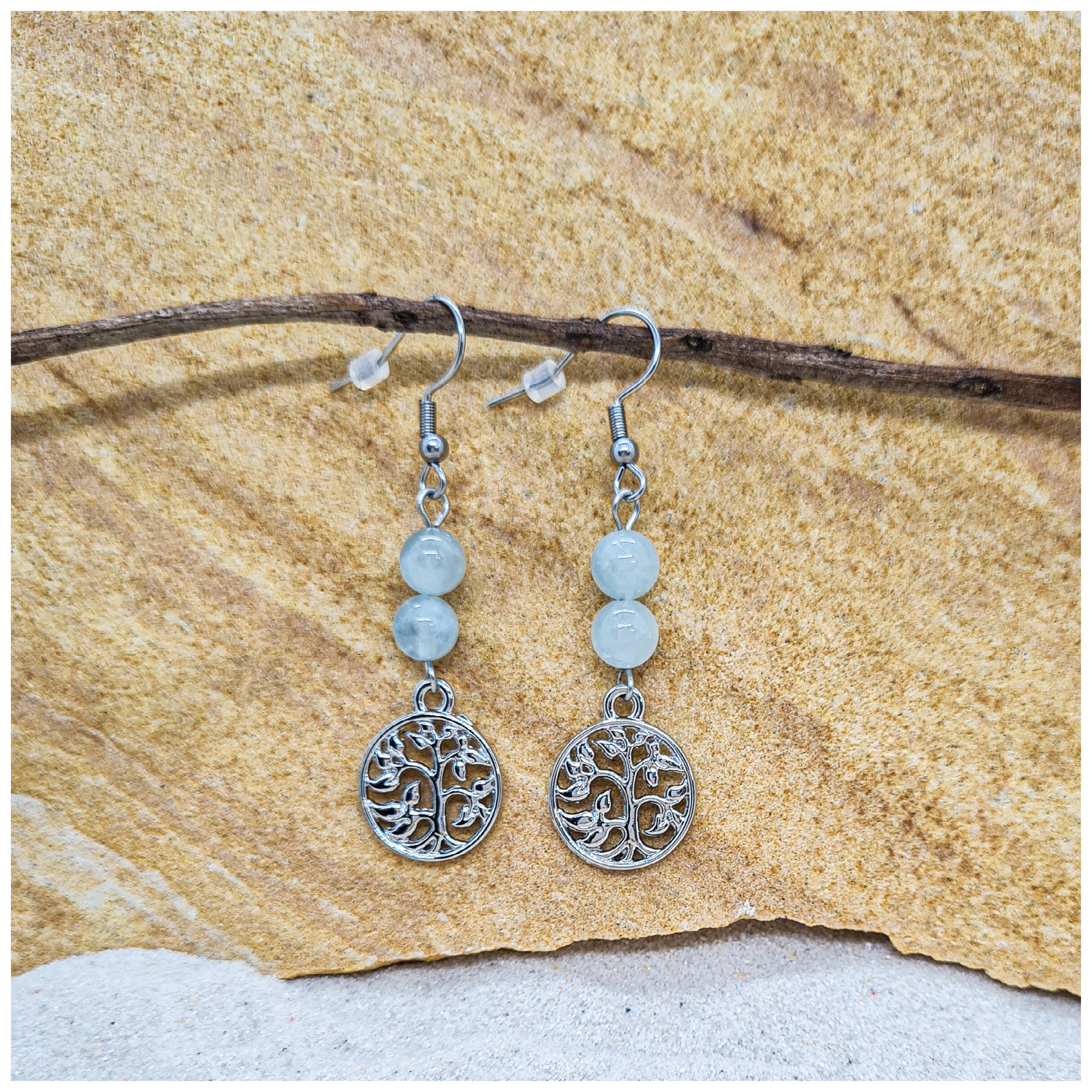 Aquamarine 6mm crystal bead drop earring with silver tree of life charm