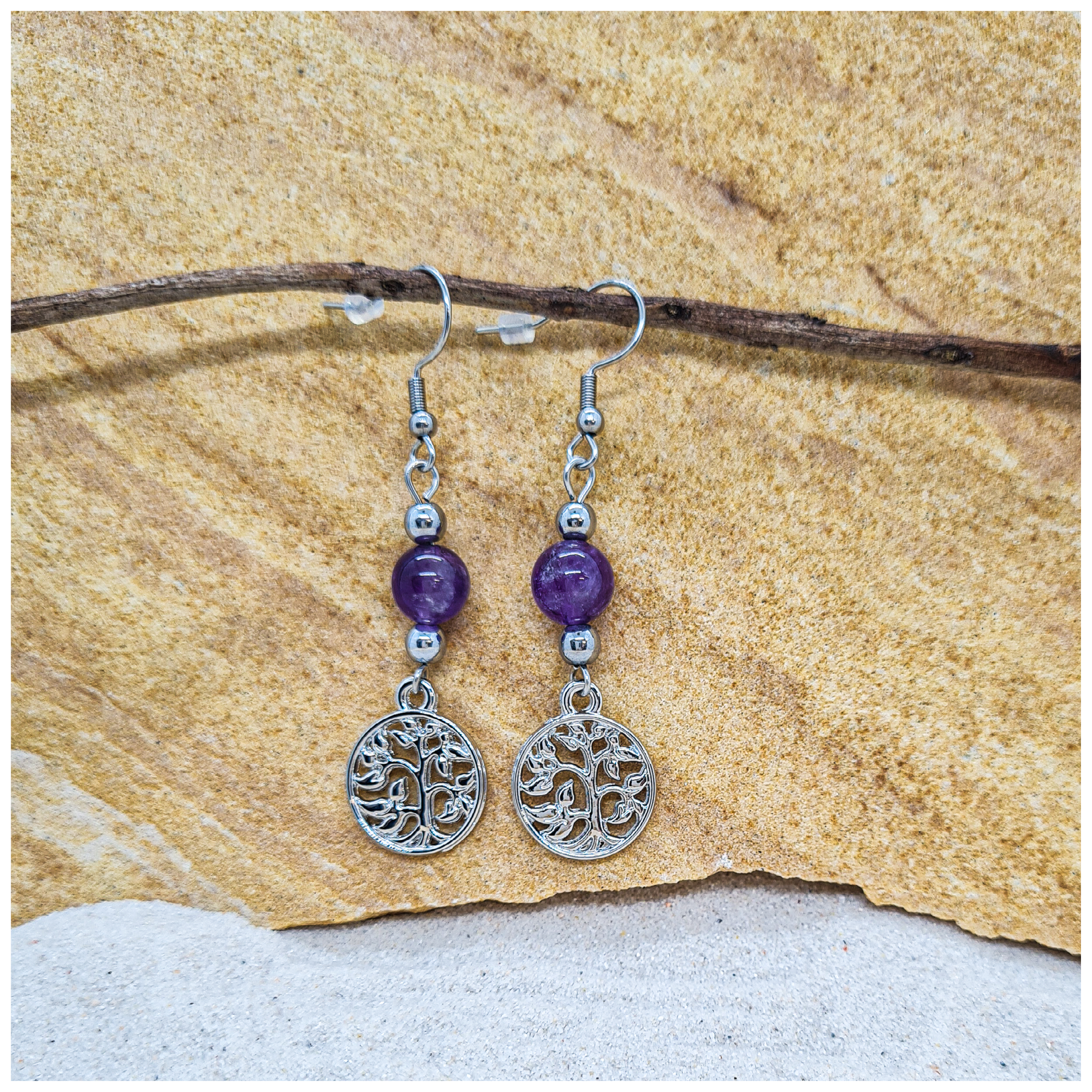 Amethyst 8mm crystal bead drop earring with silver tree of life charm