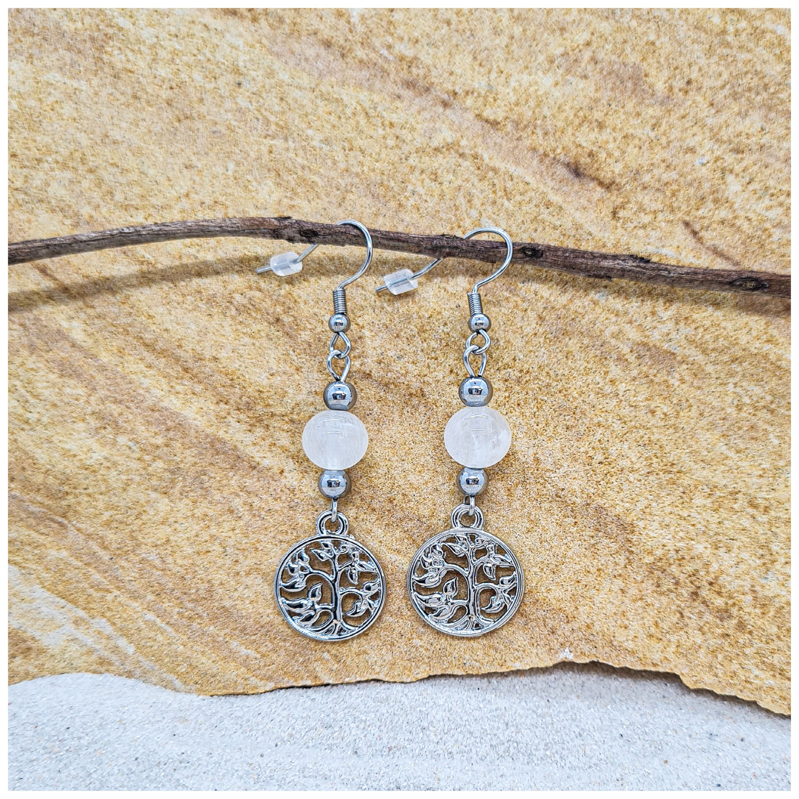 Rainbow Moonstone 8mm crystal bead drop earrings with silver tree of life charm