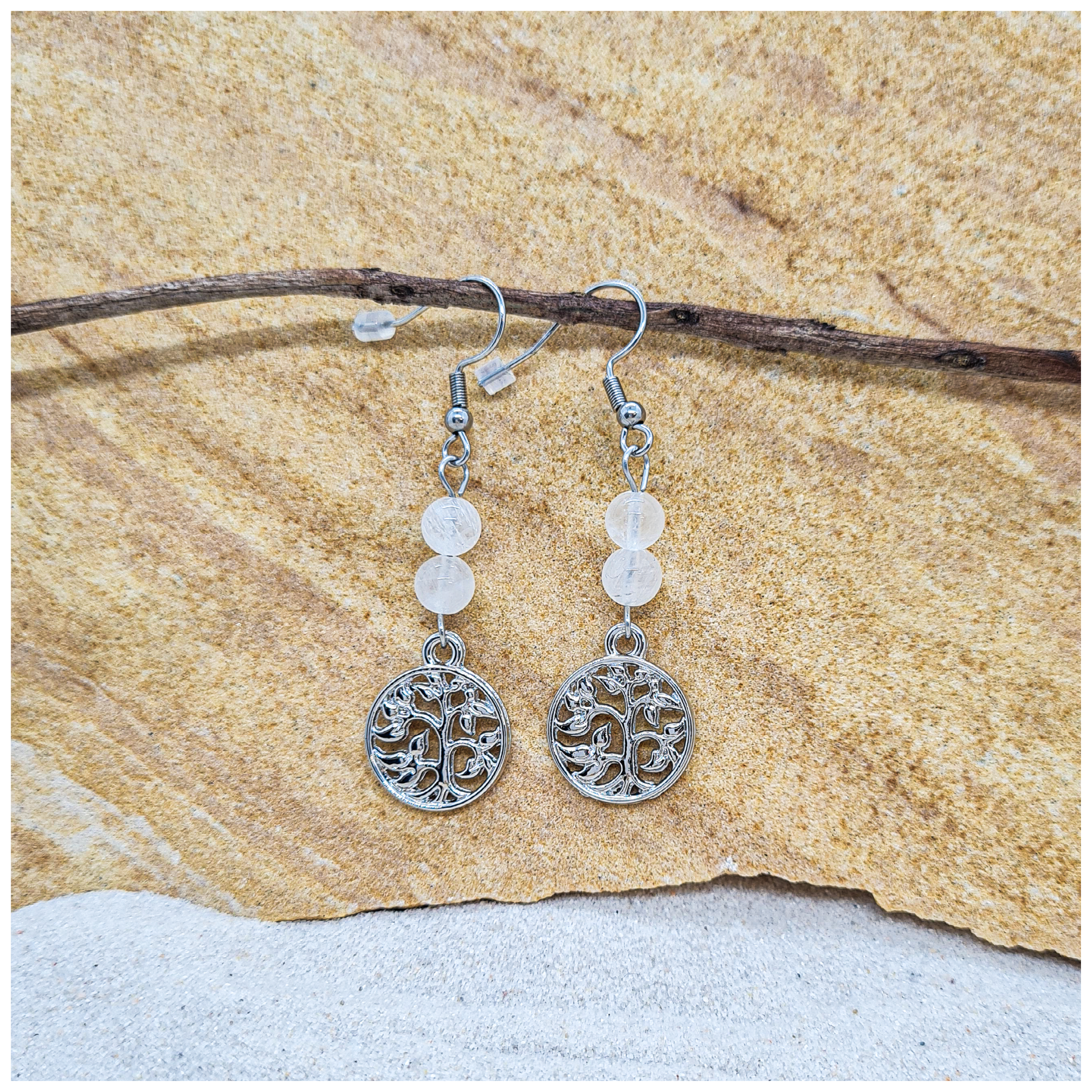 Rainbow Moonstone 6mm crystal bead drop earrings with silver tree of life charm