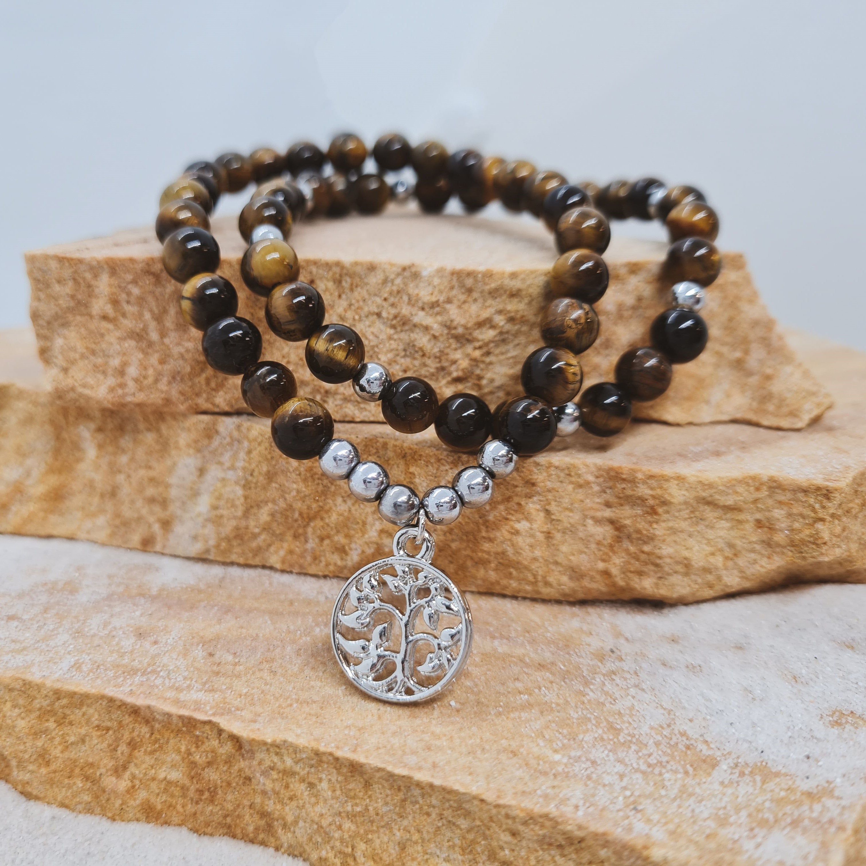 Gold Tiger's Eye 6mm crystal bead bracelet twin set with silver tree of life charm