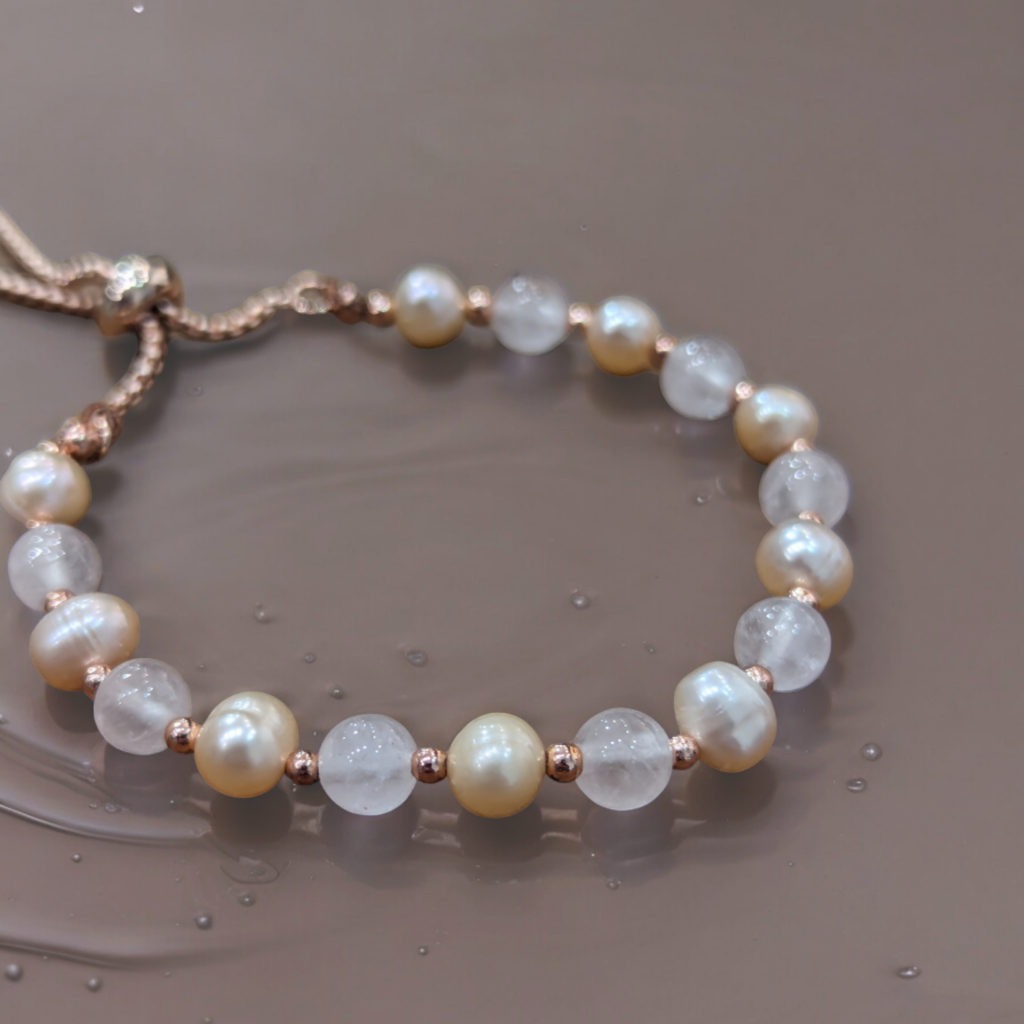 Rose Quartz & Freshwater Blush Pearl 6mm bead fully adjustable bracelet in rose gold ~ to fit any size
