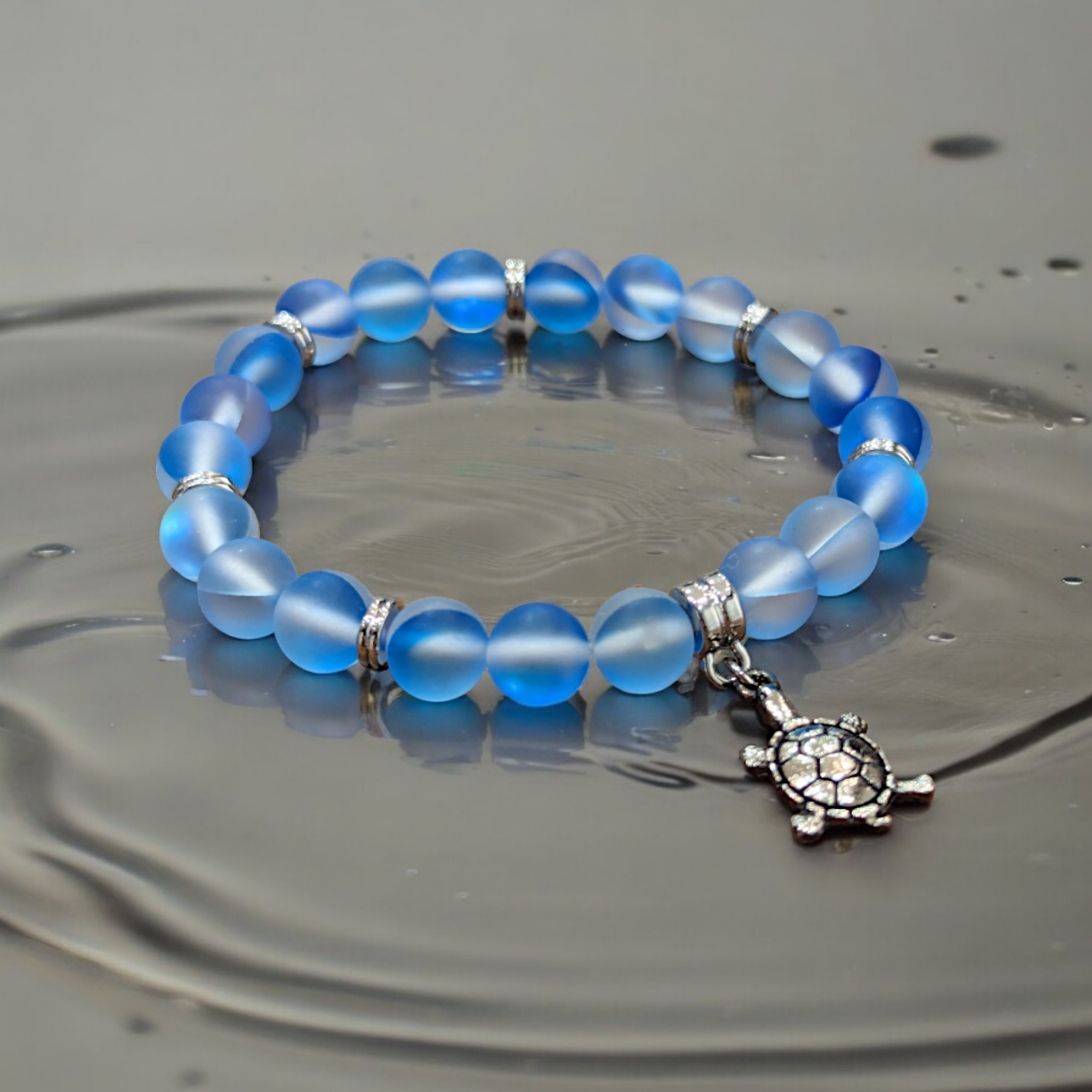 Matte blue mermaid glass bead bracelet with turtle charm in luxury gift box