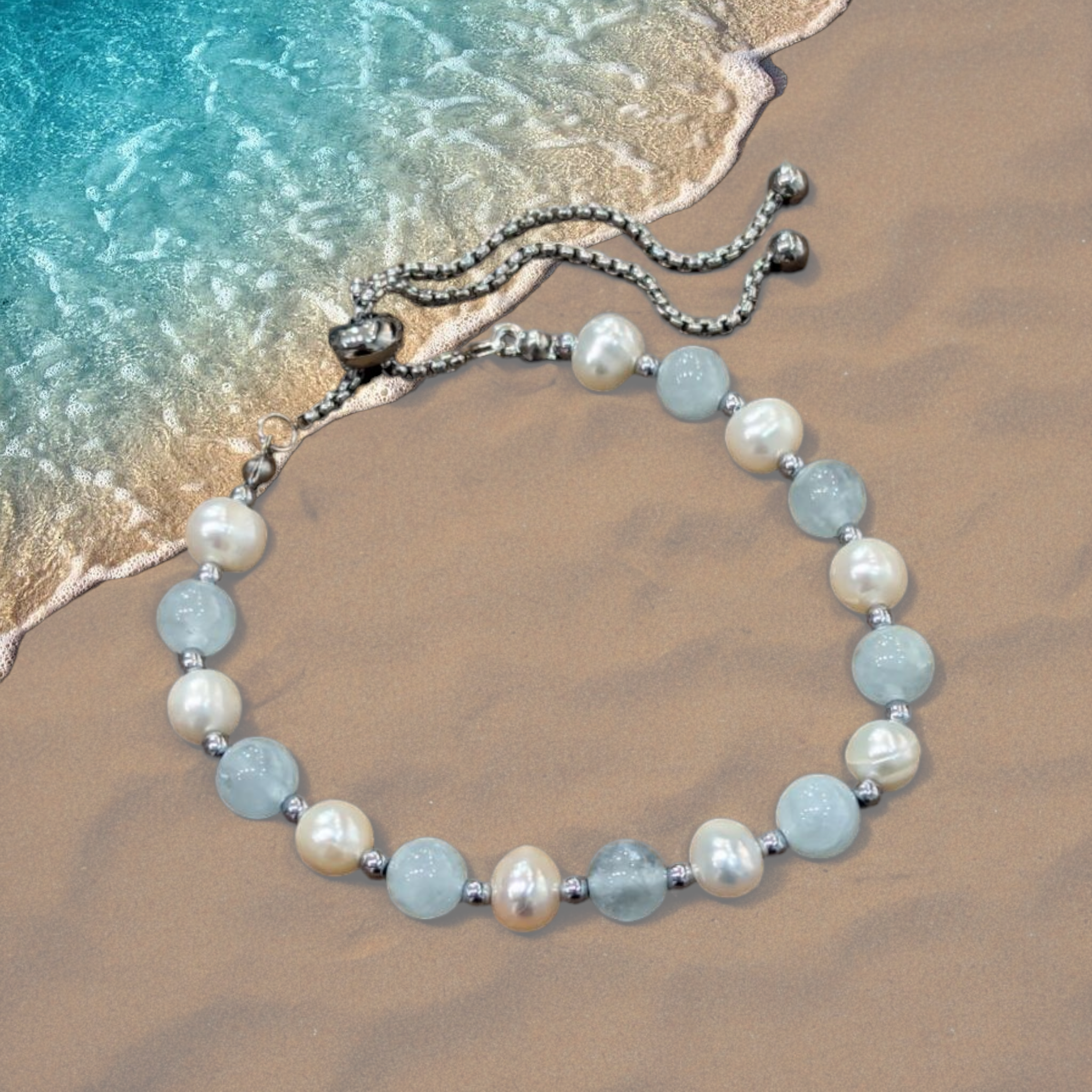 Aquamarine & Freshwater Pearl 6mm bead fully adjustable bracelet ~ to fit any size