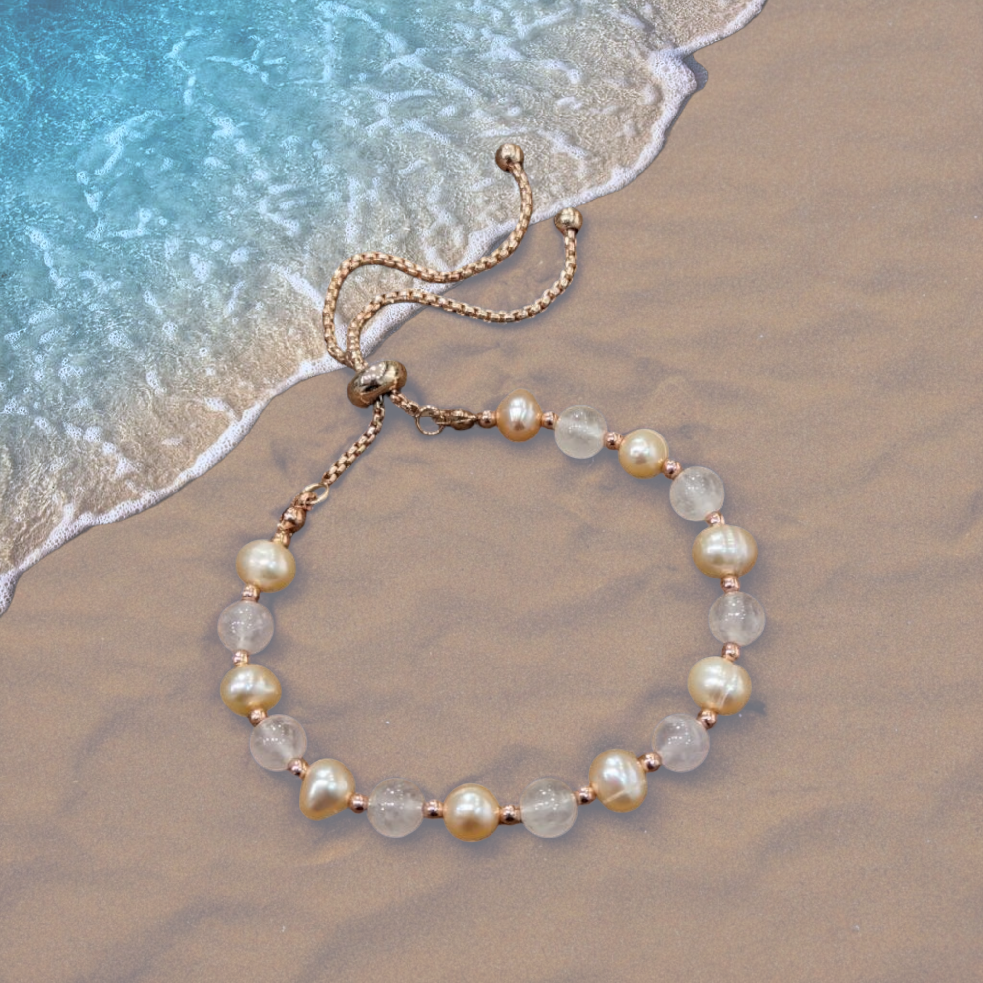 Rose Quartz & Freshwater Blush Pearl 6mm bead fully adjustable bracelet in rose gold ~ to fit any size