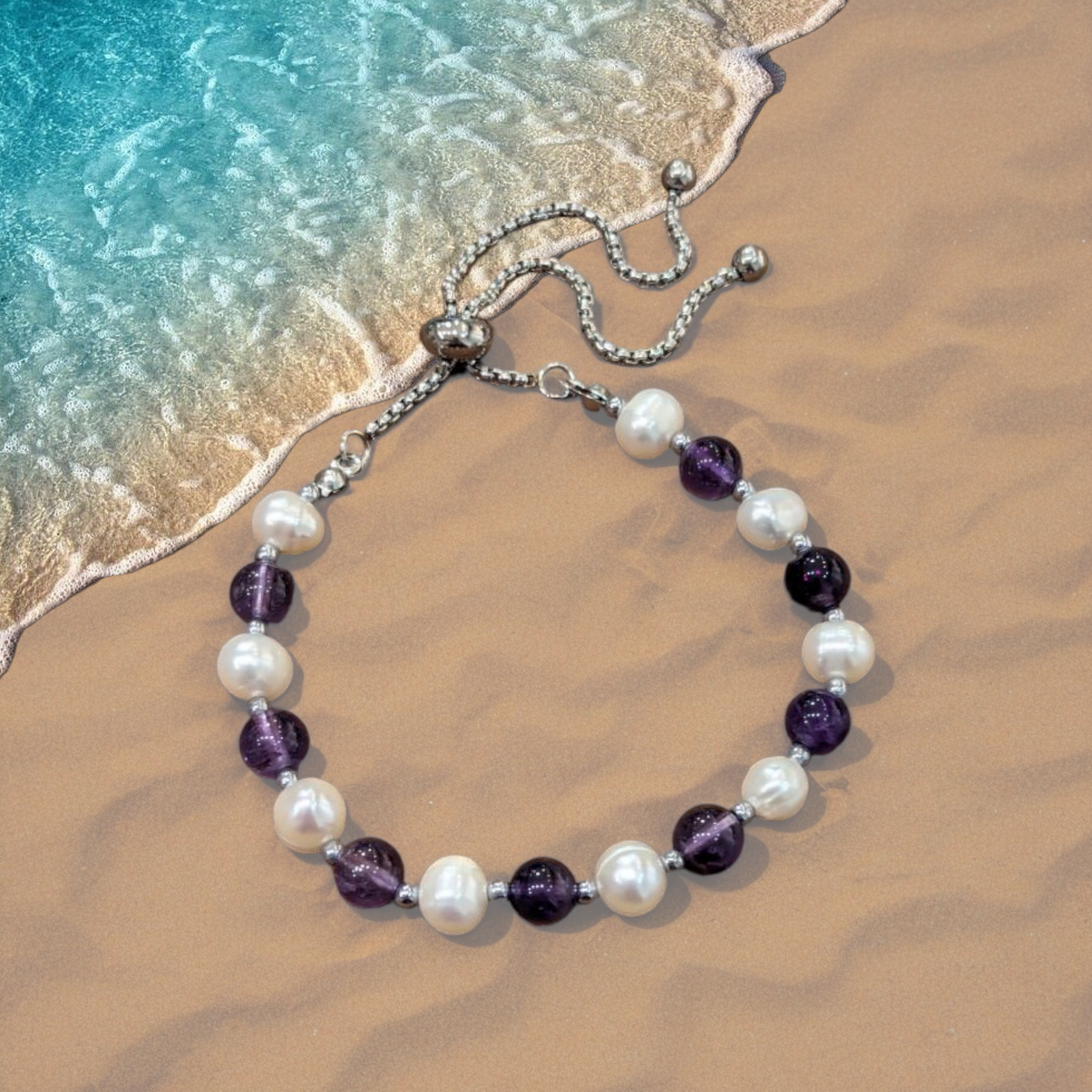 Amethyst & Freshwater Pearl 6mm bead fully adjustable bracelet ~ to fit any size