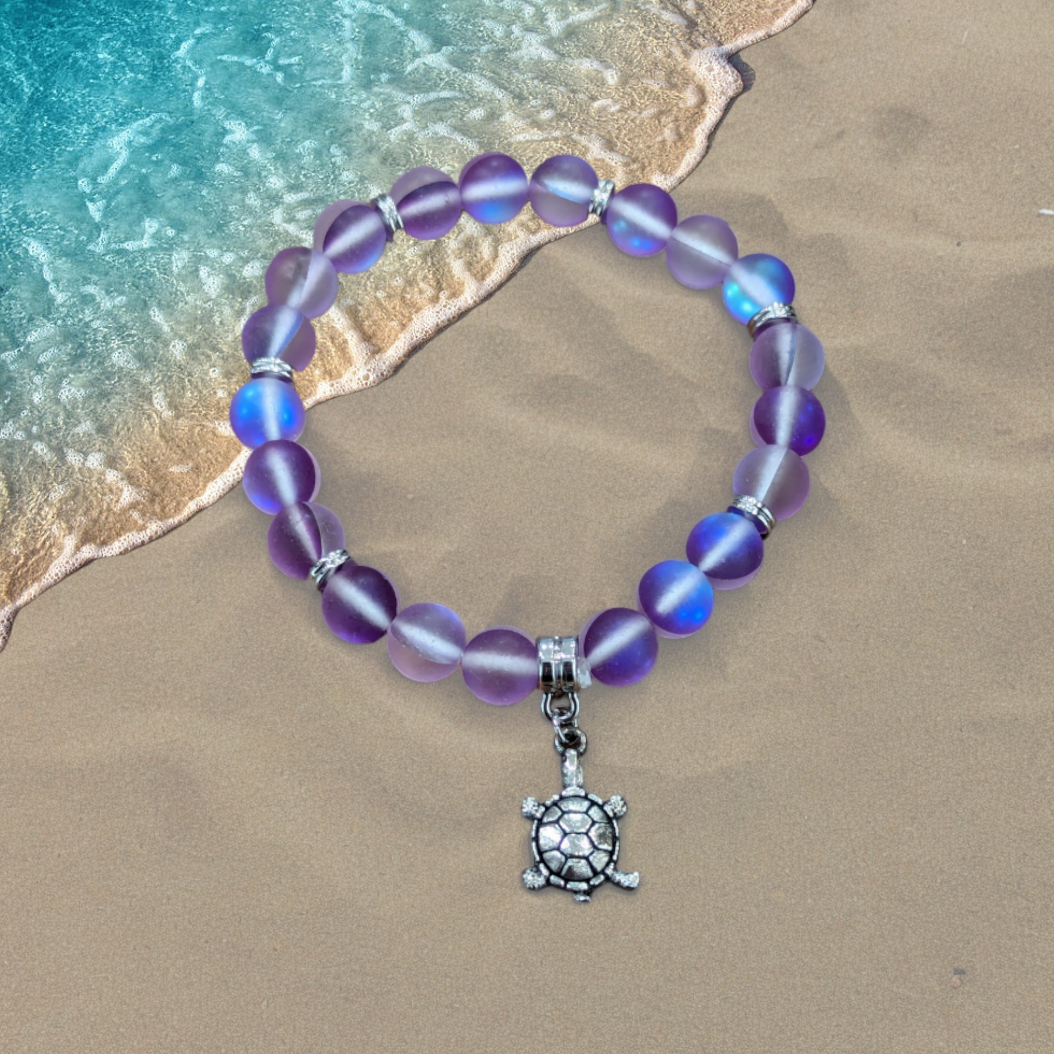 Purple mermaid glass bead bracelet with turtle charm in luxury gift box