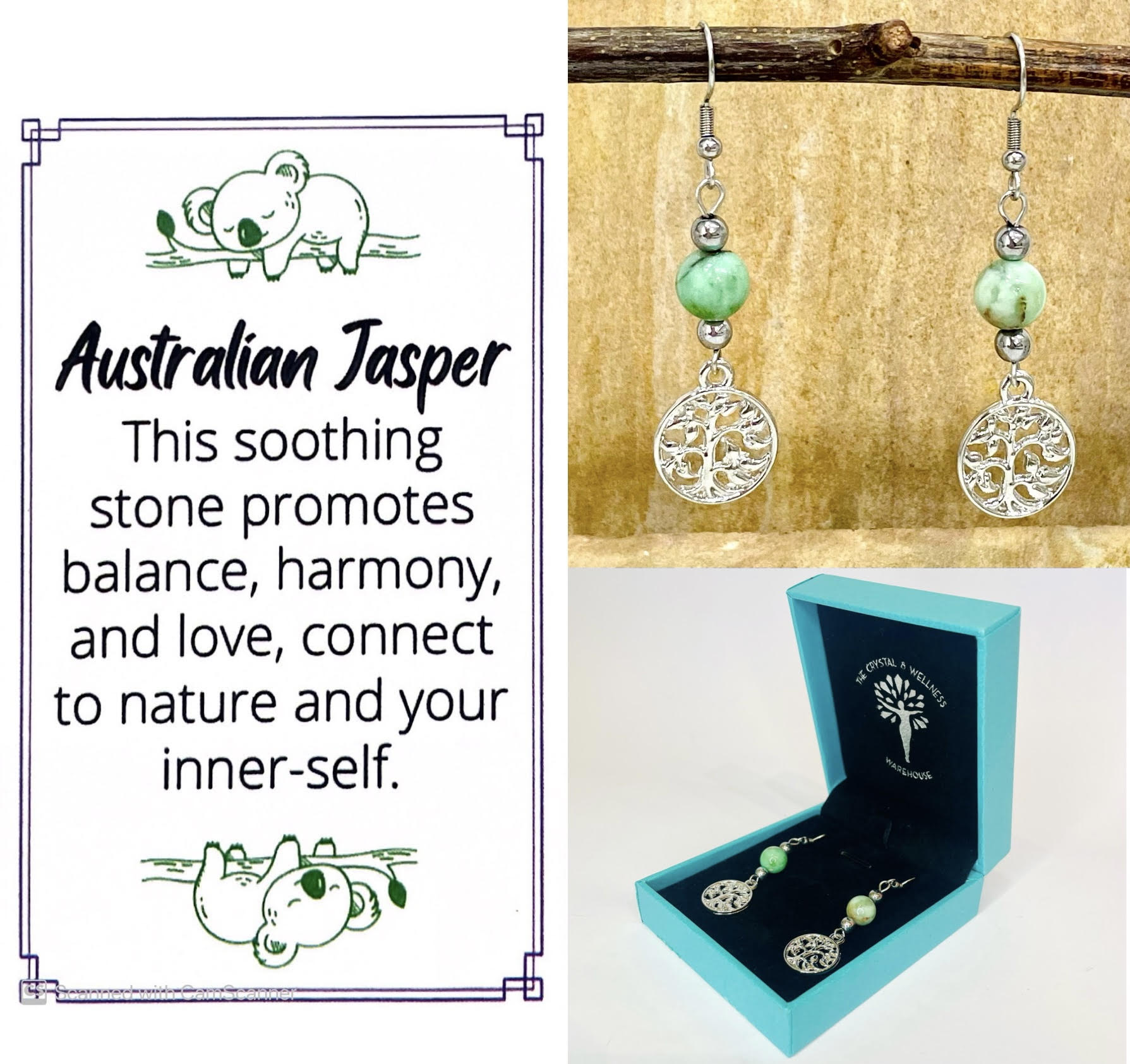 Australian Jasper 8mm crystal bead drop earrings with silver tree of life charm