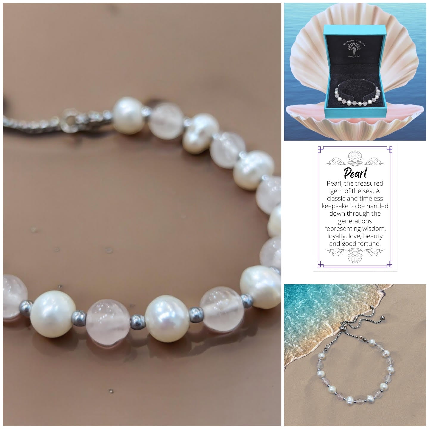 Rose Quartz & Freshwater White Pearl 6mm bead fully adjustable bracelet in fashion silver colour ~ to fit any size