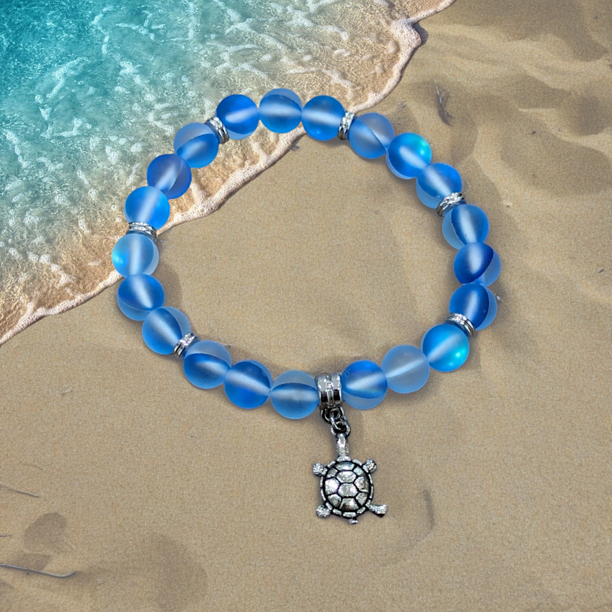 Matte blue mermaid glass bead bracelet with turtle charm in luxury gift box