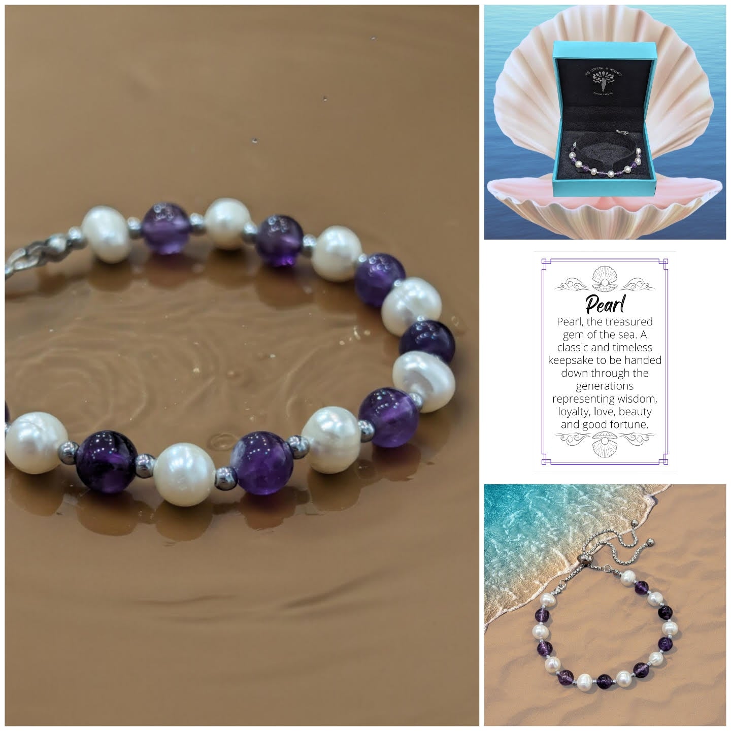 Amethyst & Freshwater Pearl 6mm bead fully adjustable bracelet ~ to fit any size