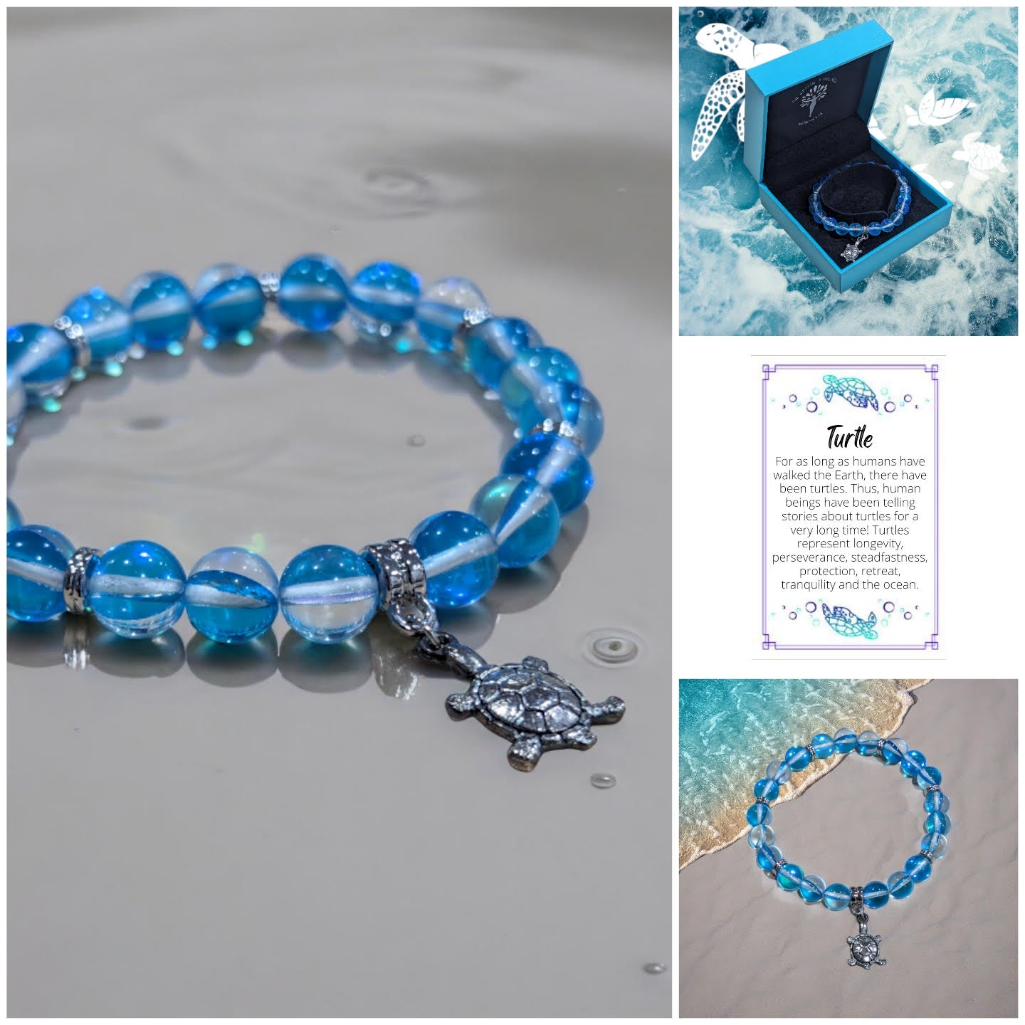 Aqua blue mermaid glass bead bracelet with turtle charm