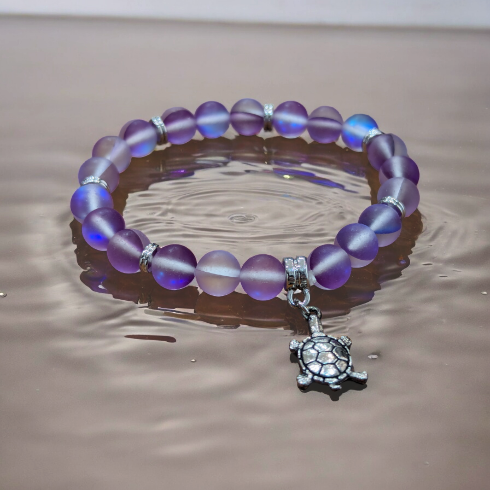 Purple mermaid glass bead bracelet with turtle charm in luxury gift box