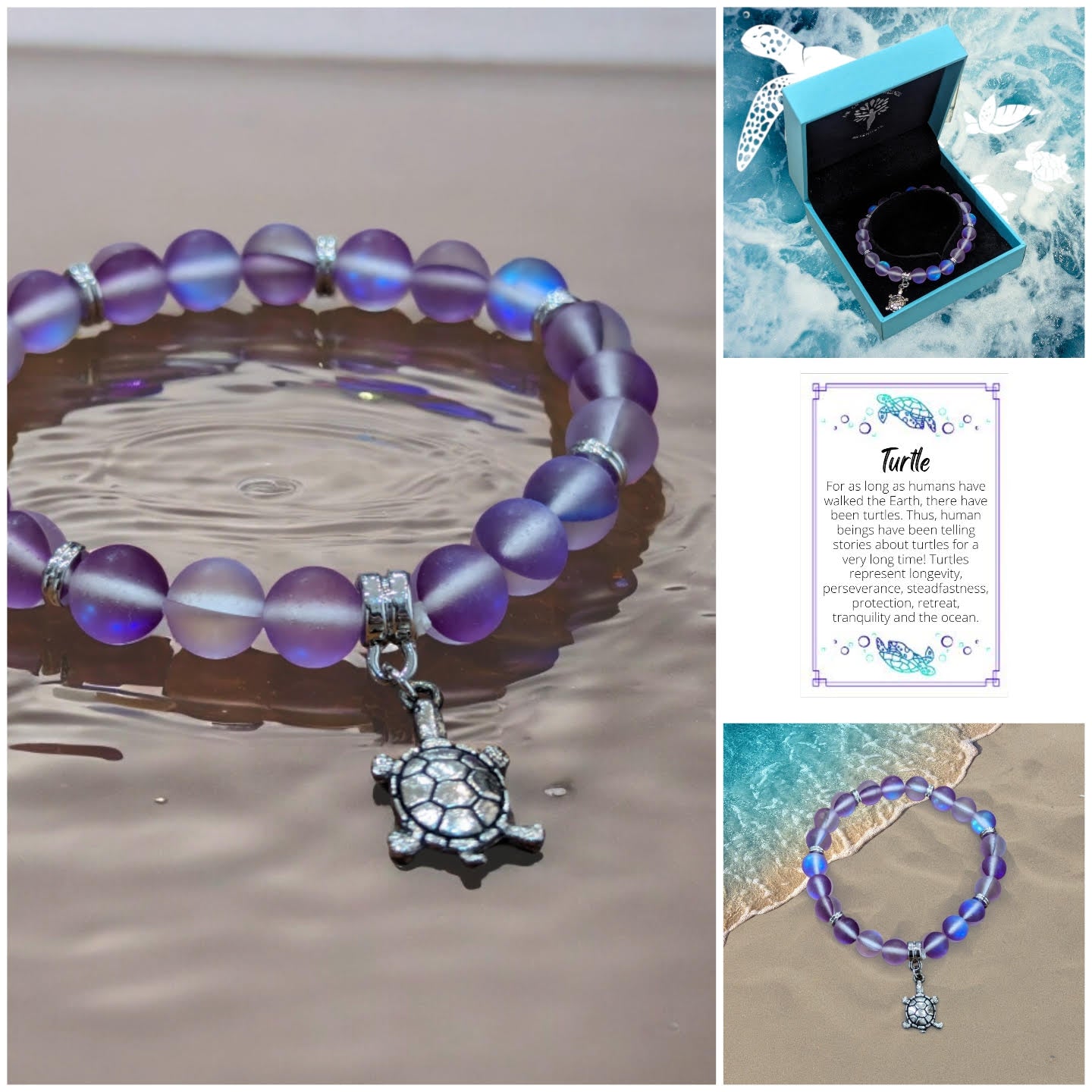 Purple mermaid glass bead bracelet with turtle charm in luxury gift box