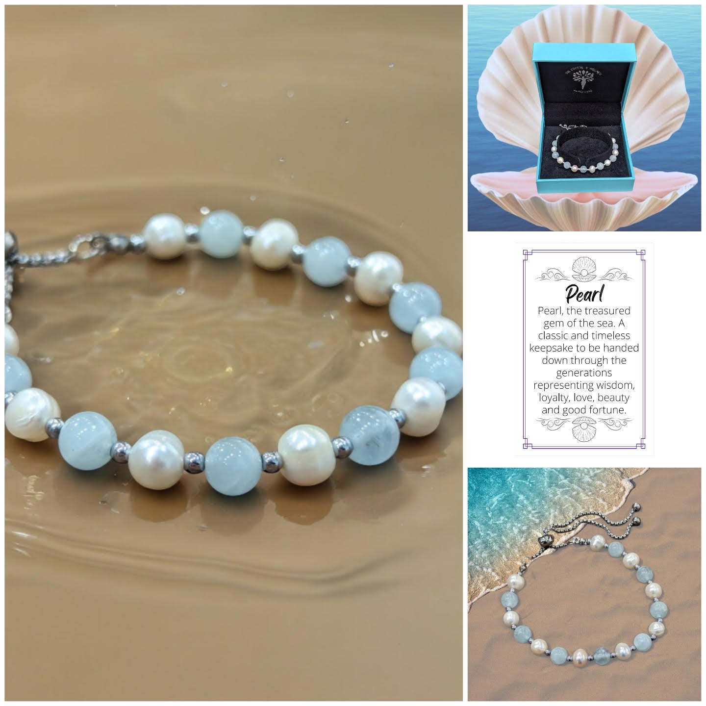 Aquamarine & Freshwater Pearl 6mm bead fully adjustable bracelet ~ to fit any size