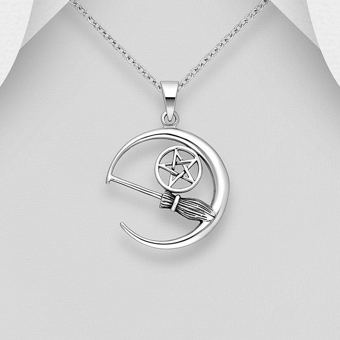 Witches moon pendant in sterling silver with broomstick and pentacle detail