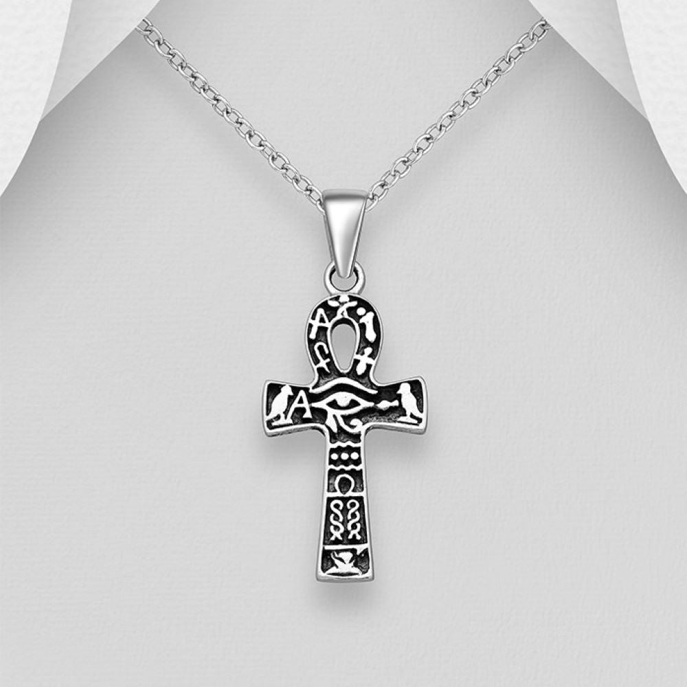 Ankh with hieroglyphic detail sterling silver pendant