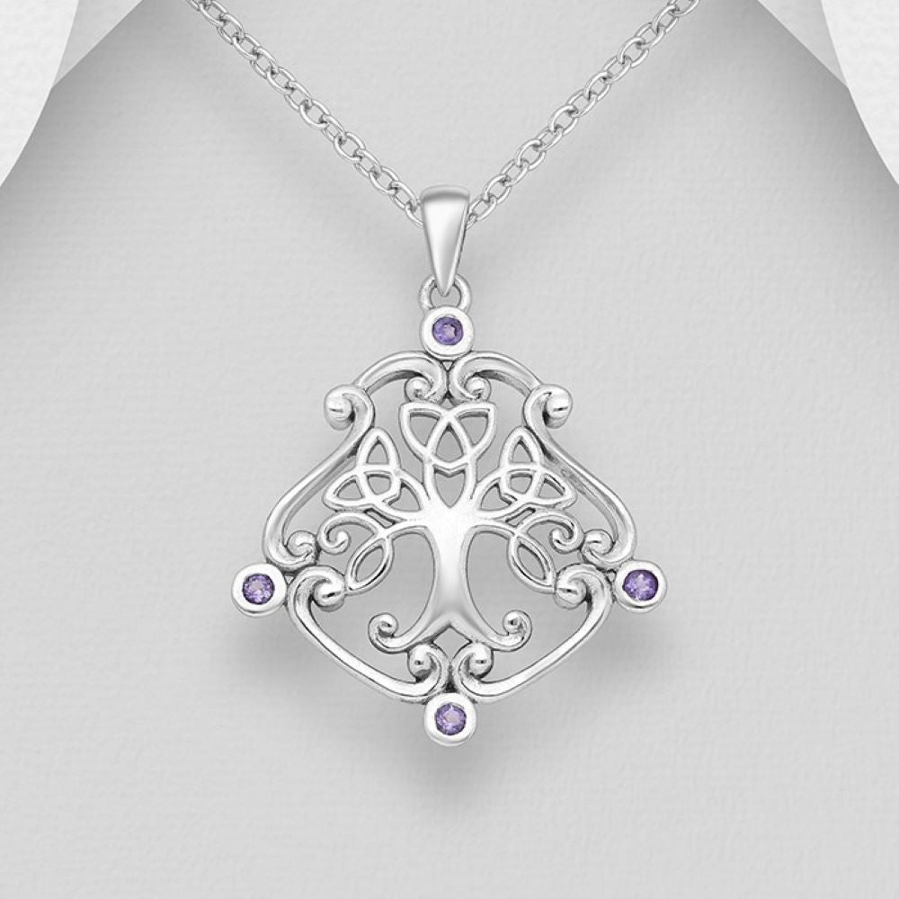 Silver Celtic design tree of life pendant set with 4 round amethysts