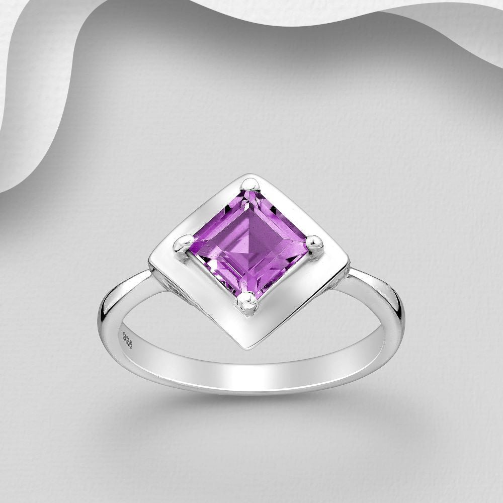 Solitaire princess cut amethyst ring in larger sizes 9-12 sterling silver