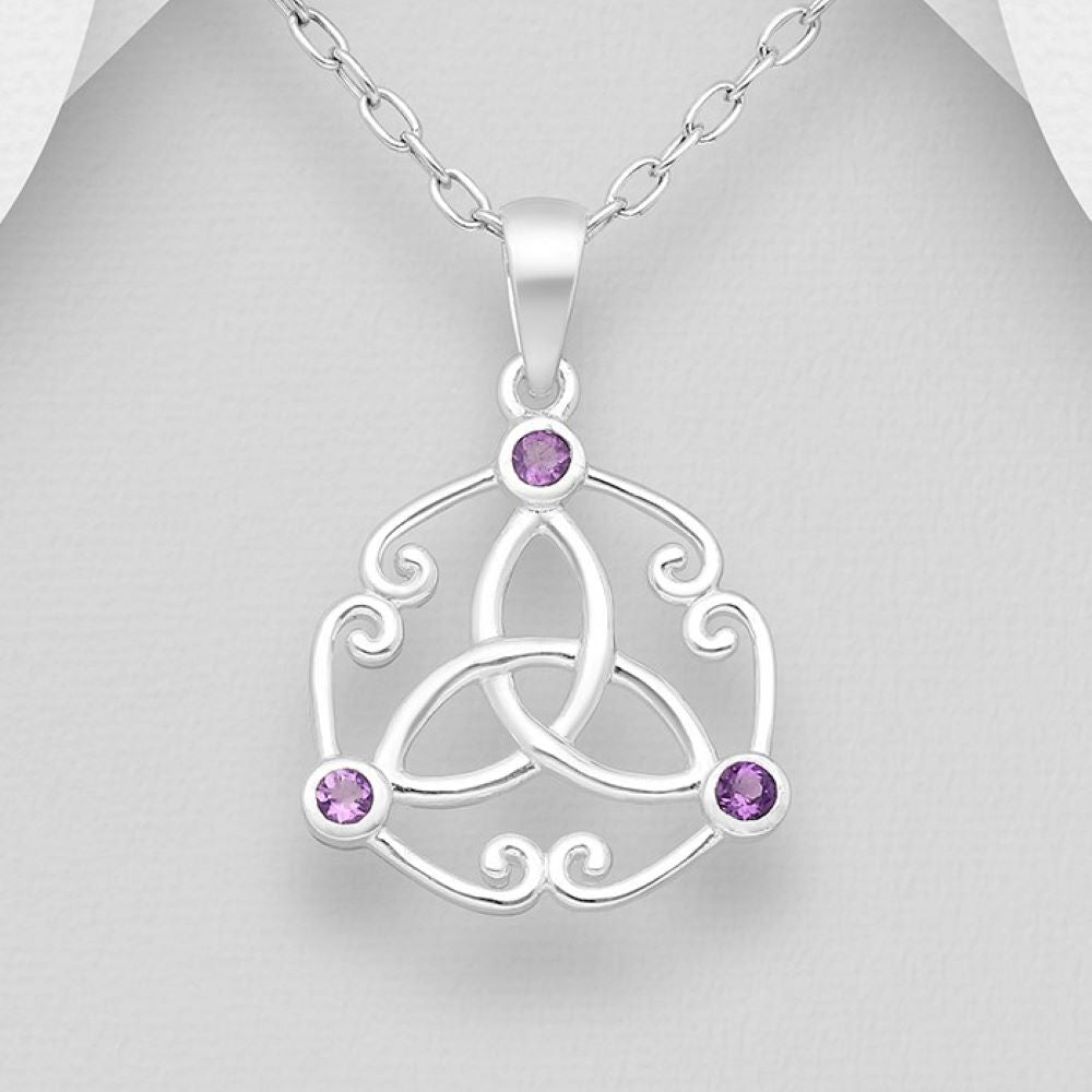 Triquetra Celtic design sterling silver pendant set with amethyst