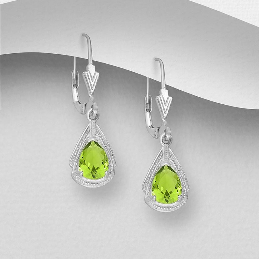 Art deco inspired tear drop shape sterling silver lever earrings set with peridot colour cubic zirconia