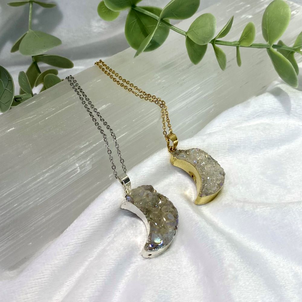 Druzy cluster crescent moon shape necklaces in silver & gold style finishes - 6 colour choices