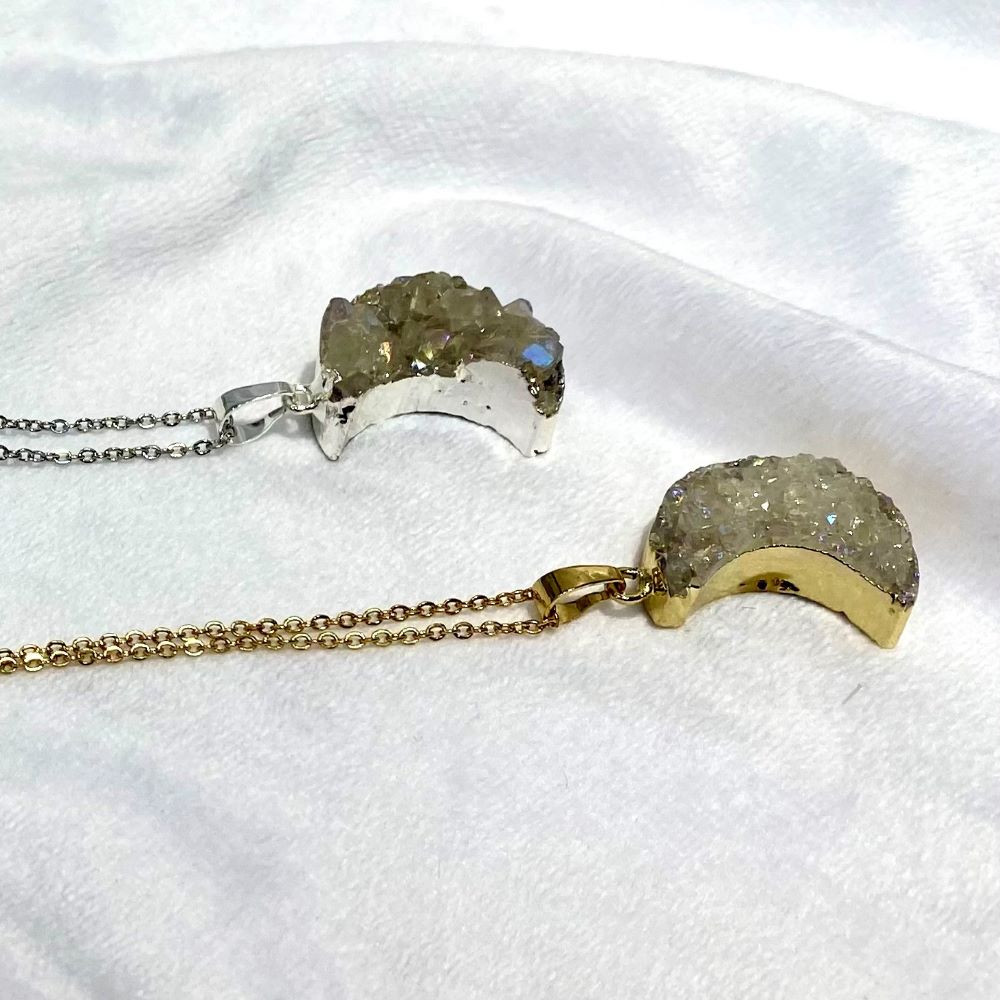 Druzy cluster crescent moon shape necklaces in silver & gold style finishes - 6 colour choices